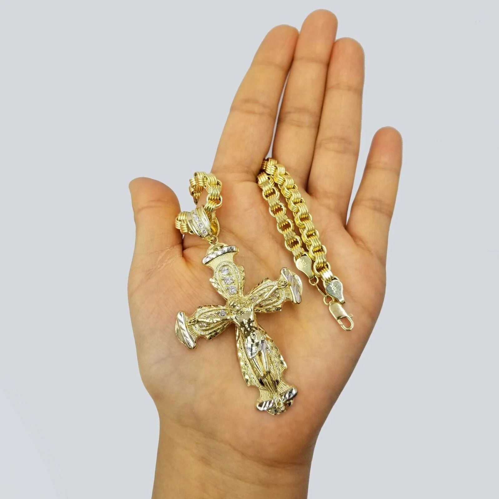 10k Gold Jesus Cross Charm Byzantine Chain 24" Necklace Real 10k Yellow Gold SET - Image 9