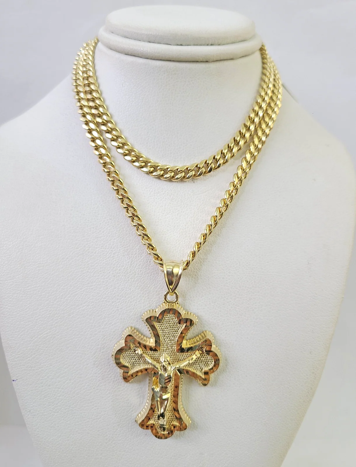 10k Gold Jesus Crucifix Cross Charm Miami Cuban Chain 5mm 18"-28" Necklace - Image 3