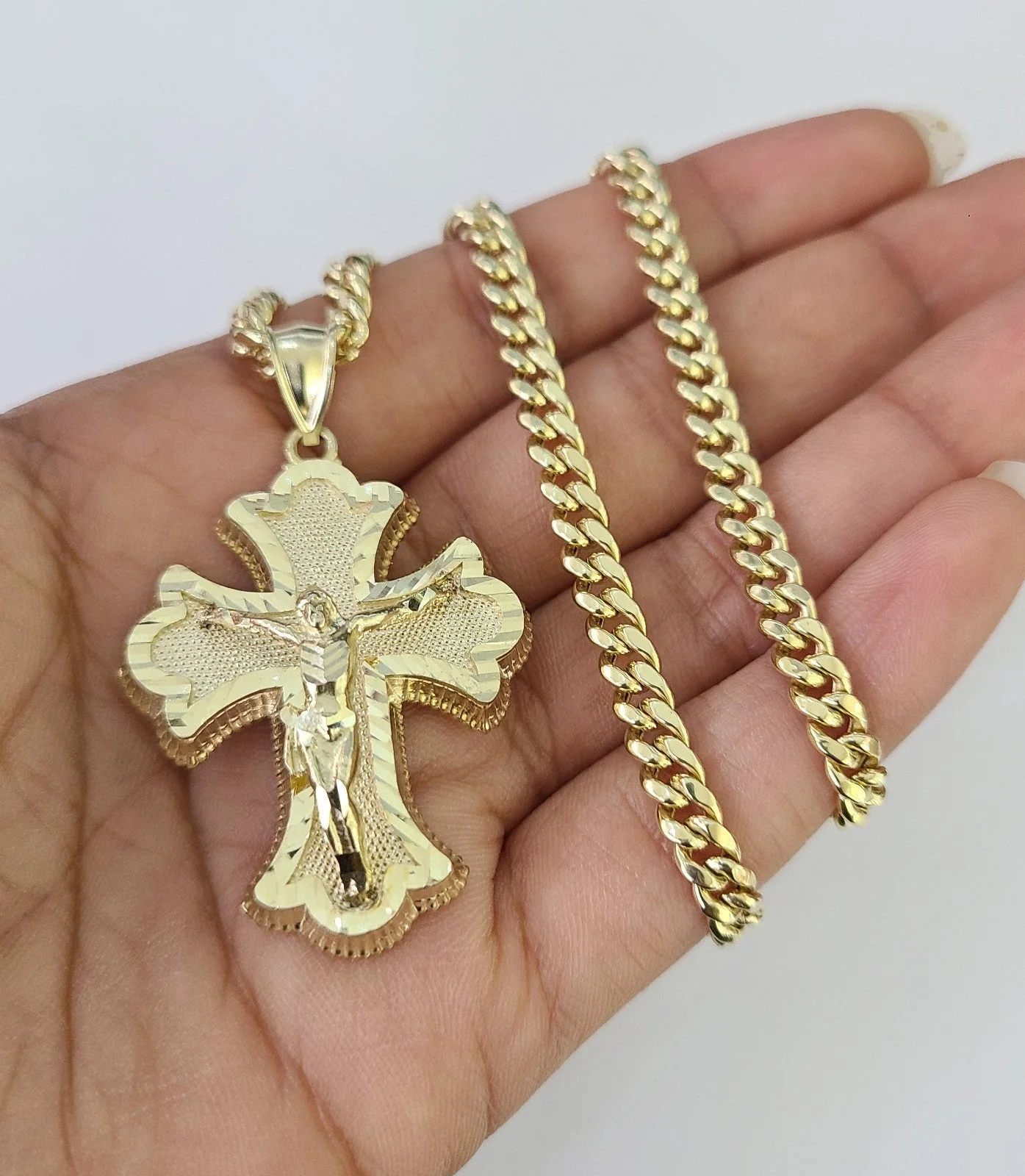 10k Gold Jesus Crucifix Cross Charm Miami Cuban Chain 5mm 18"-28" Necklace - Image 7