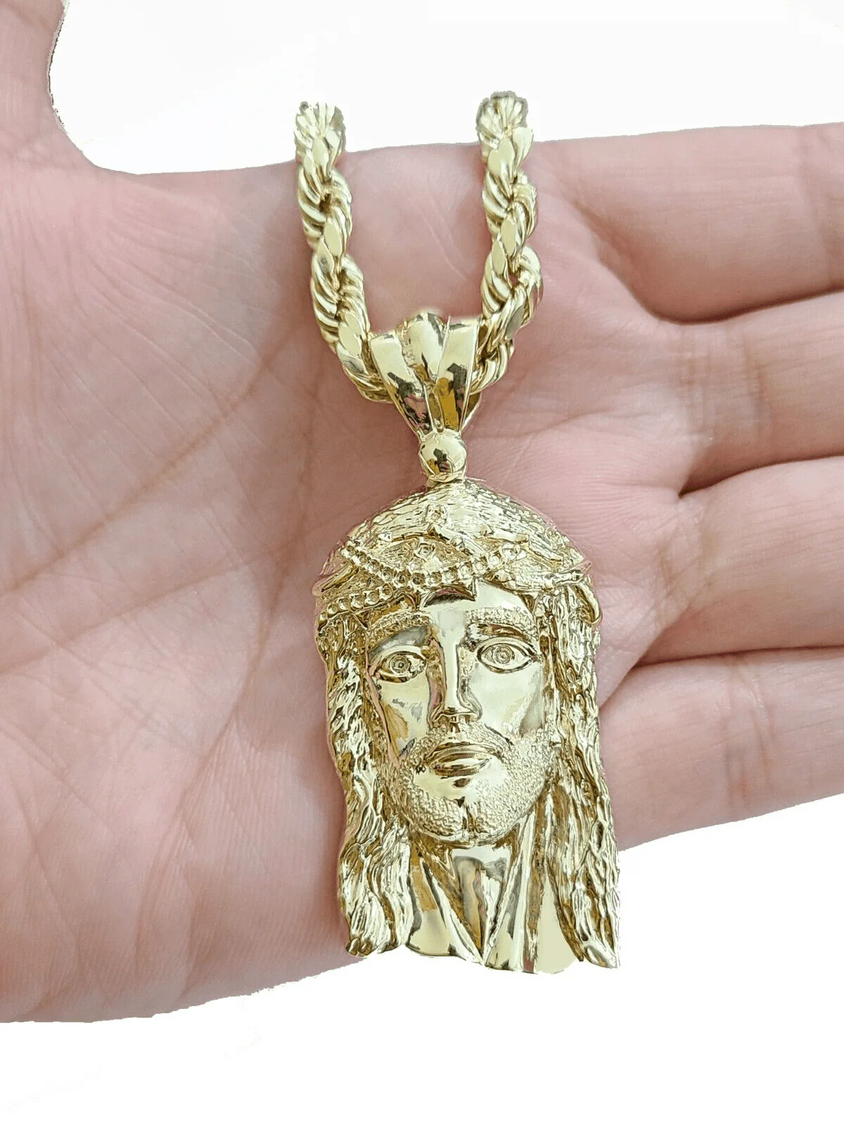 10k Gold Jesus Head Charm Rope Chain Necklace 6mm 20'' Set & Pendant 10kt REAL - Image 4