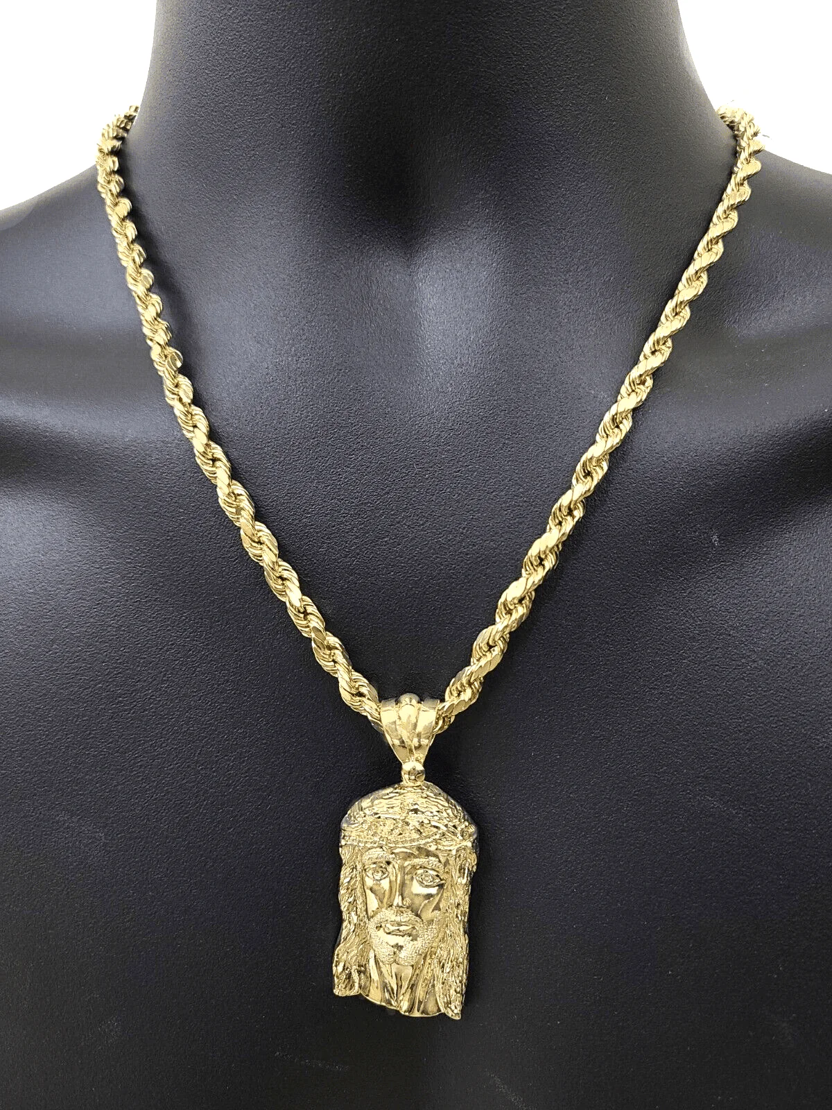 10k Gold Jesus Head Charm Rope Chain Necklace 6mm 20'' Set & Pendant 10kt REAL - Image 5