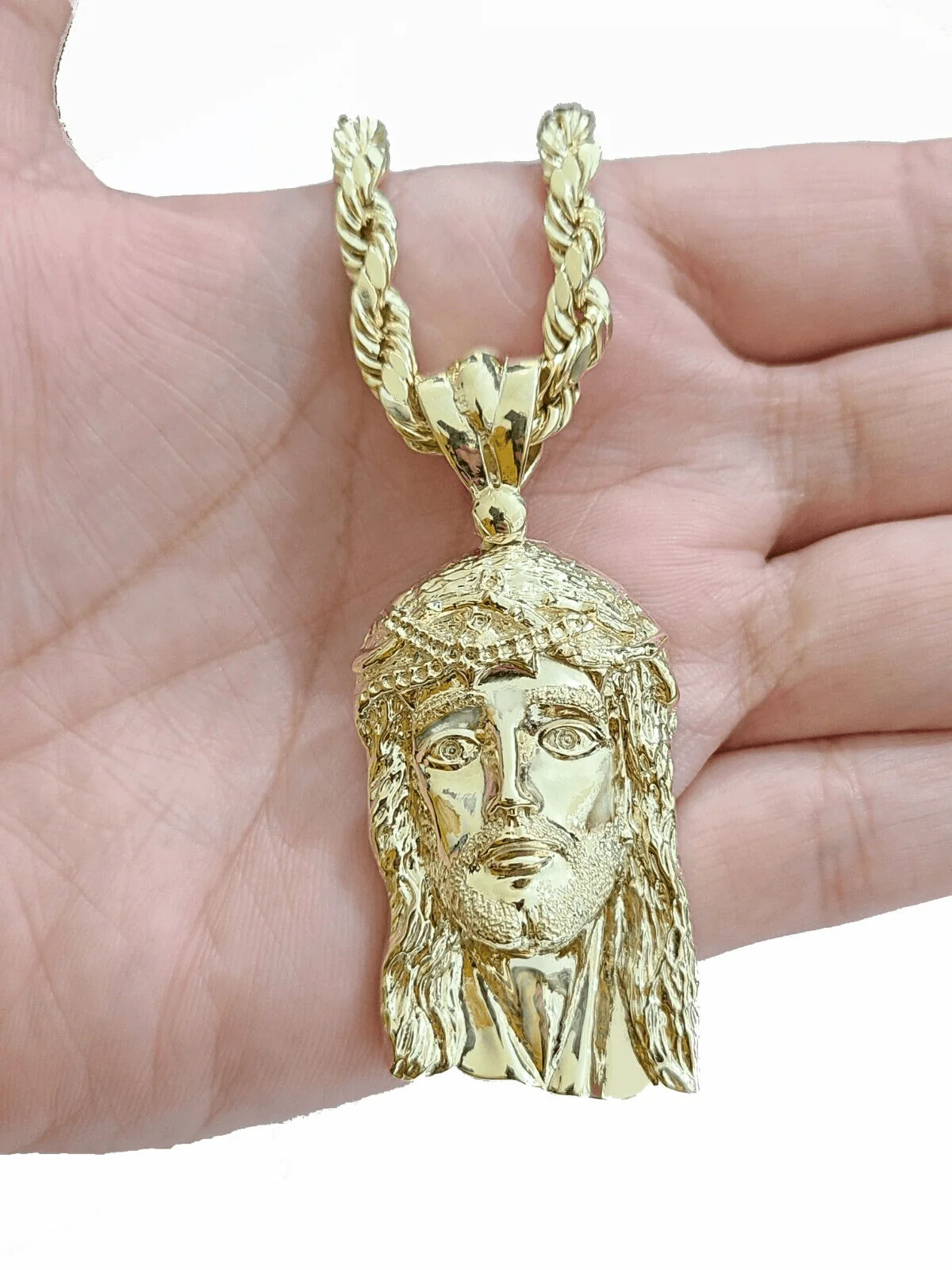 10k Gold Jesus Head Charm Rope Chain Necklace 6mm 24'' Set & Pendant 10kt REAL - Image 2