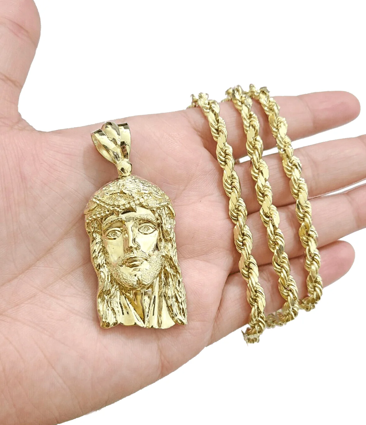 10k Gold Jesus Head Charm Rope Chain Necklace 6mm 26'' Set & Pendant 10kt REAL - Image 2