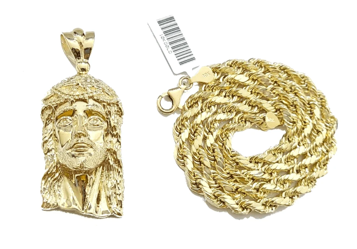 10k Gold Jesus Head Charm Rope Chain Necklace 6mm 28'' Set & Pendant 10kt REAL - Image 2