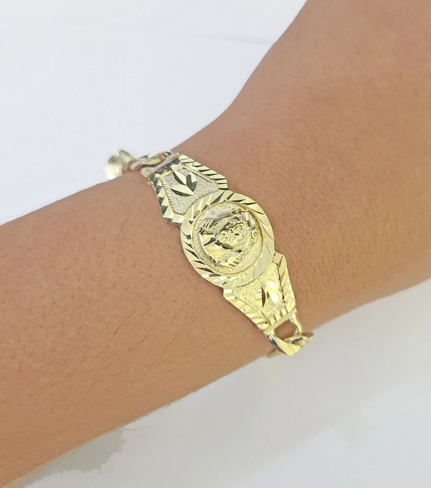 10k Gold Jesus Head Cuban Curb Bracelet Size 8.6" Inches 8mm 10kt Mens Ladies - Image 4