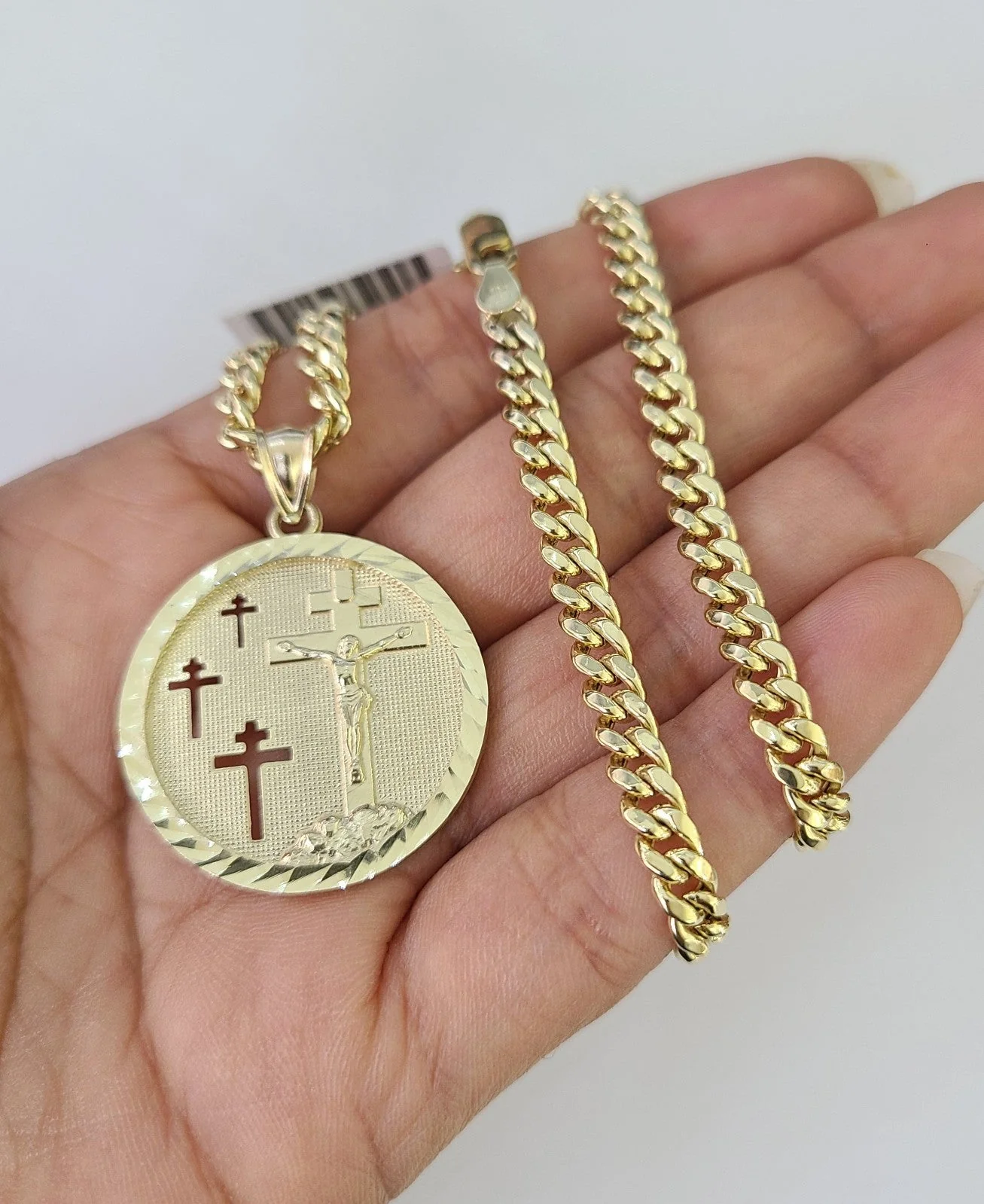 10k Gold Jesus Medallion Cross Charm Miami Cuban Chain 5mm 18"-28" Necklace - Image 4