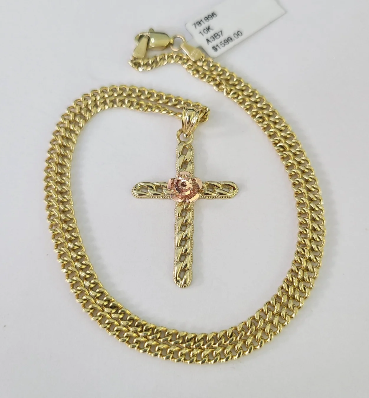 10k Gold Jesus Rose Cross Charm Miami Cuban Chain 3mm 18"-28" Necklace Pendant