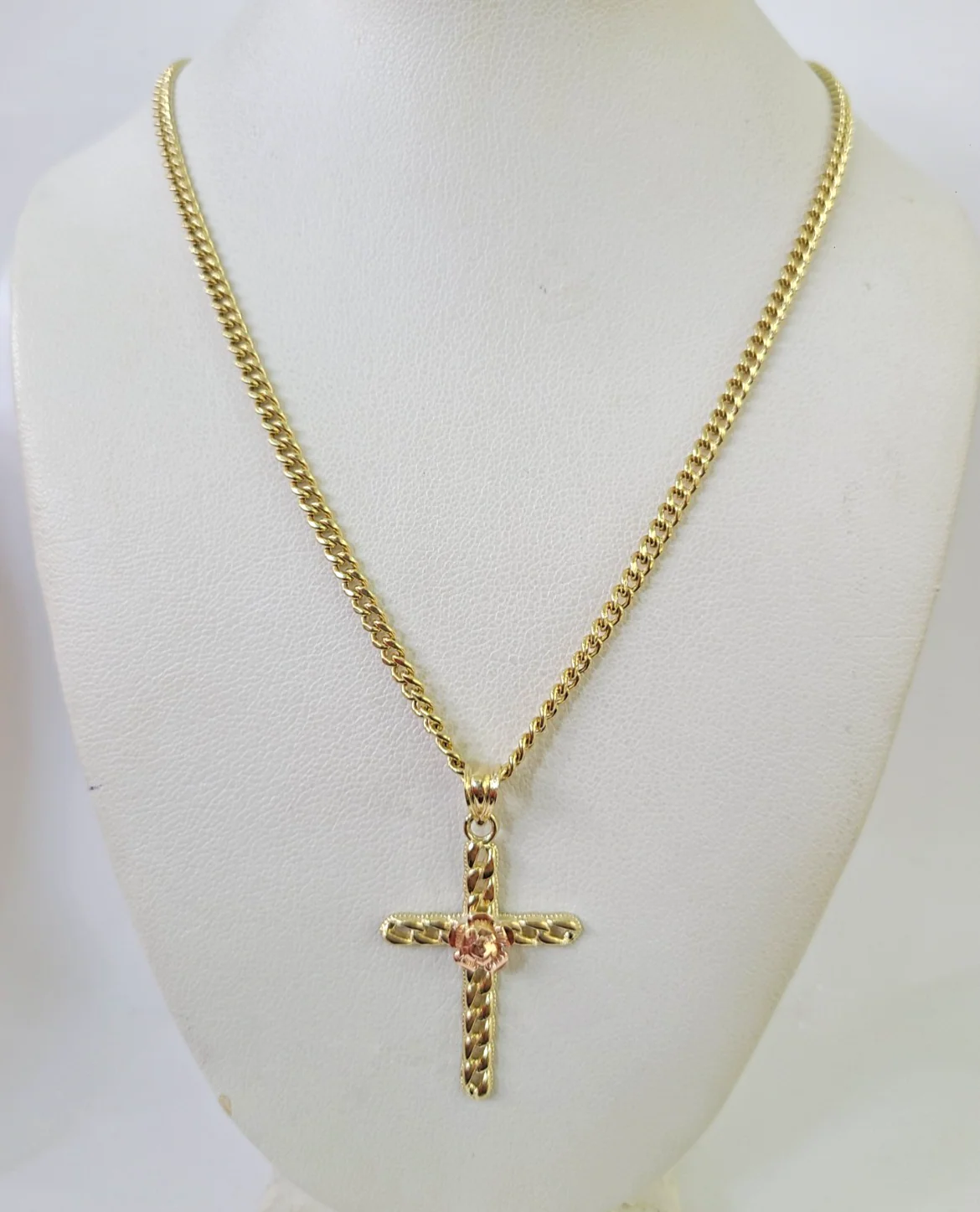 10k Gold Jesus Rose Cross Charm Miami Cuban Chain 3mm 18"-28" Necklace Pendant - Image 3