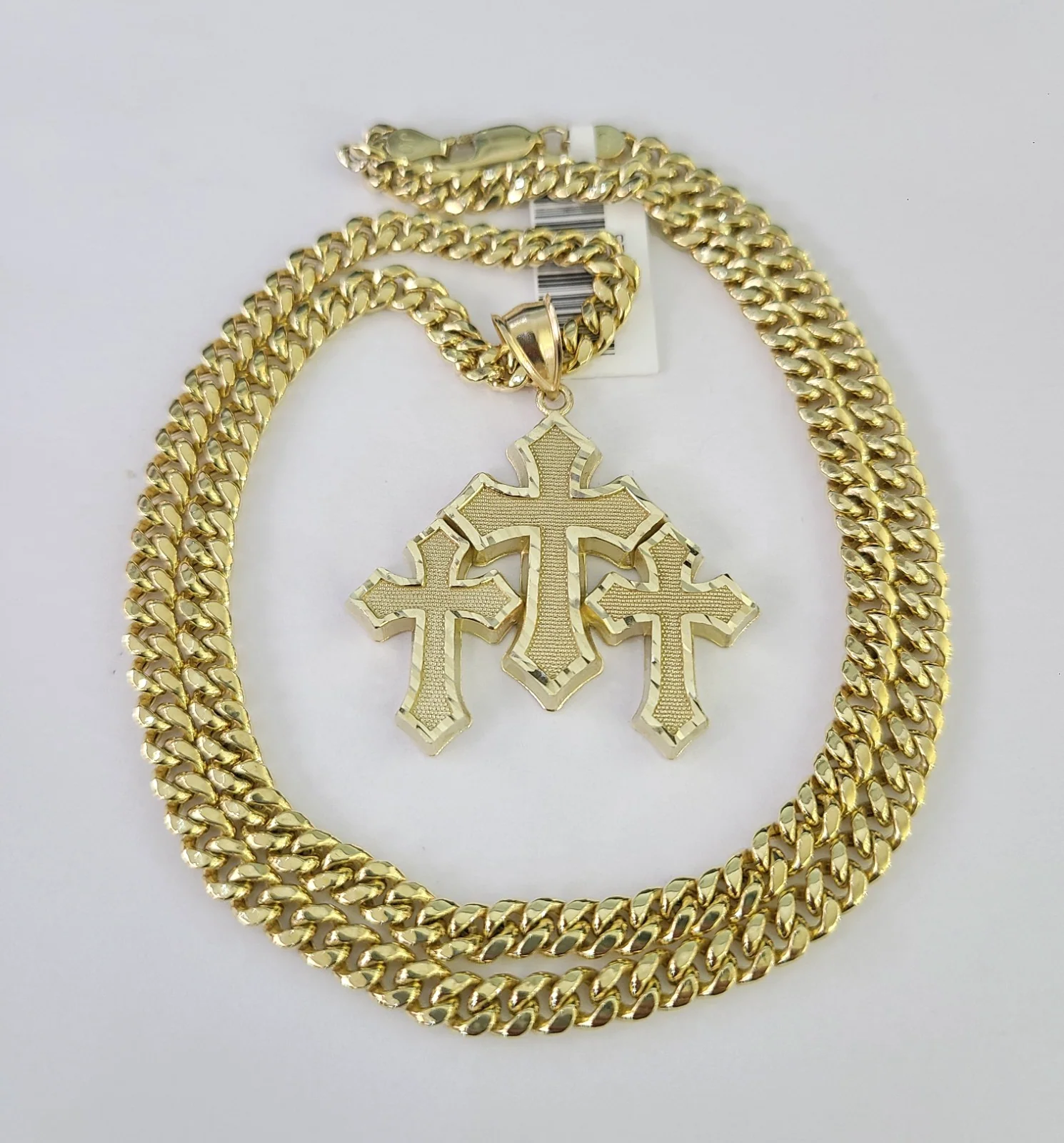 10k Gold Jesus Triple Cross Charm Miami Cuban Chain Pendant 5mm 18"-28" Necklace - Image 2
