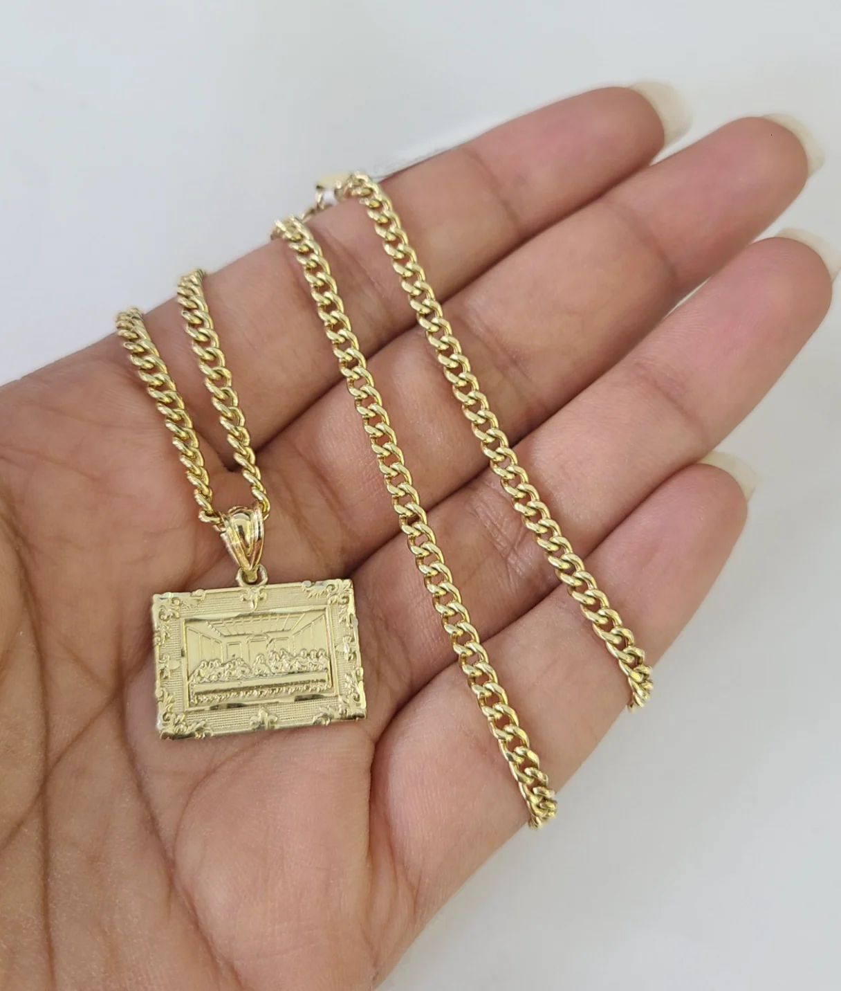 10k Gold Last Supper Charm Miami Cuban Chain 3mm 18"-28" Necklace Pendant Set
