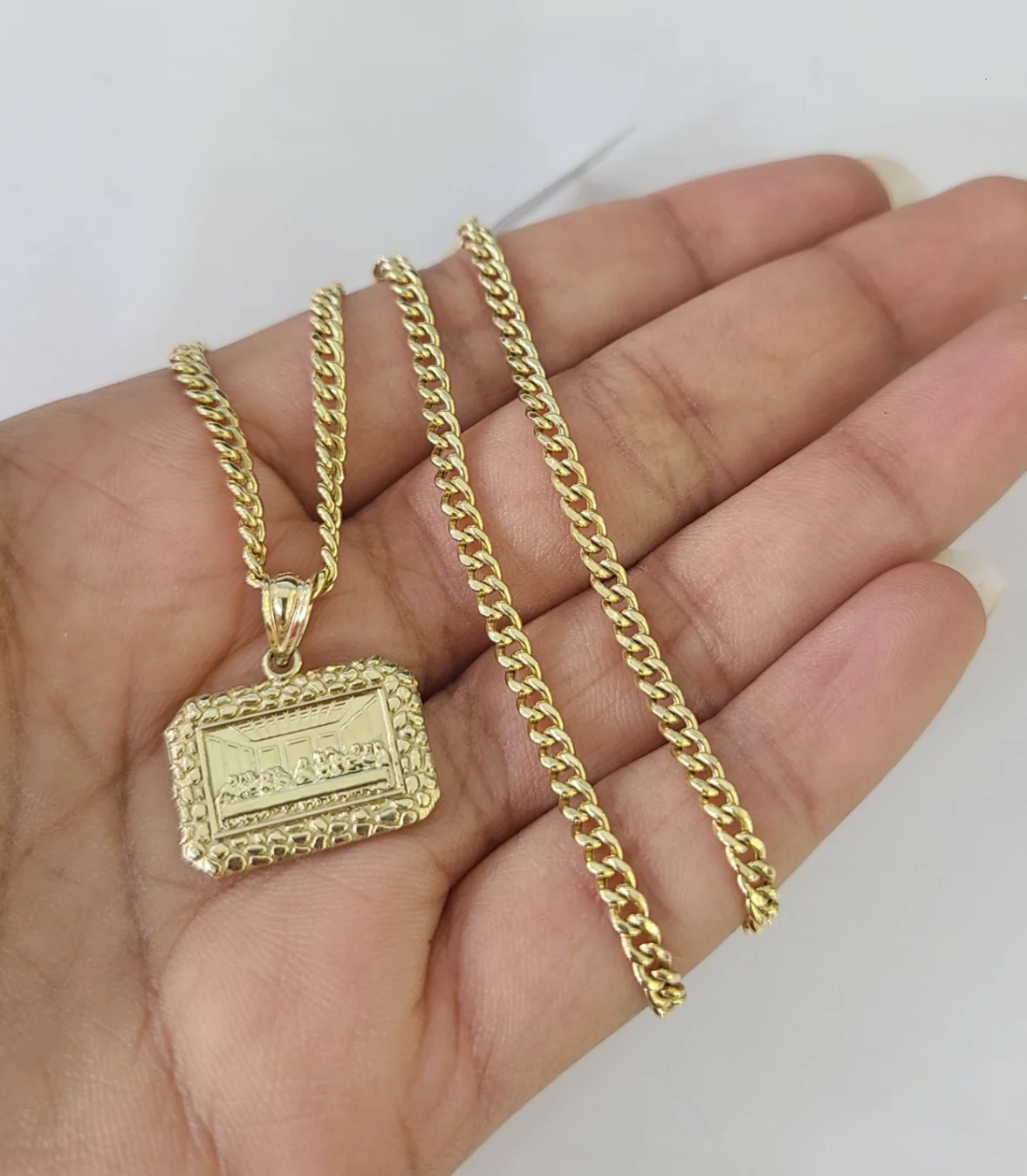 10k Gold Last Supper Charm Miami Cuban Chain 3mm 18"-28" Necklace Pendant Set - Image 2