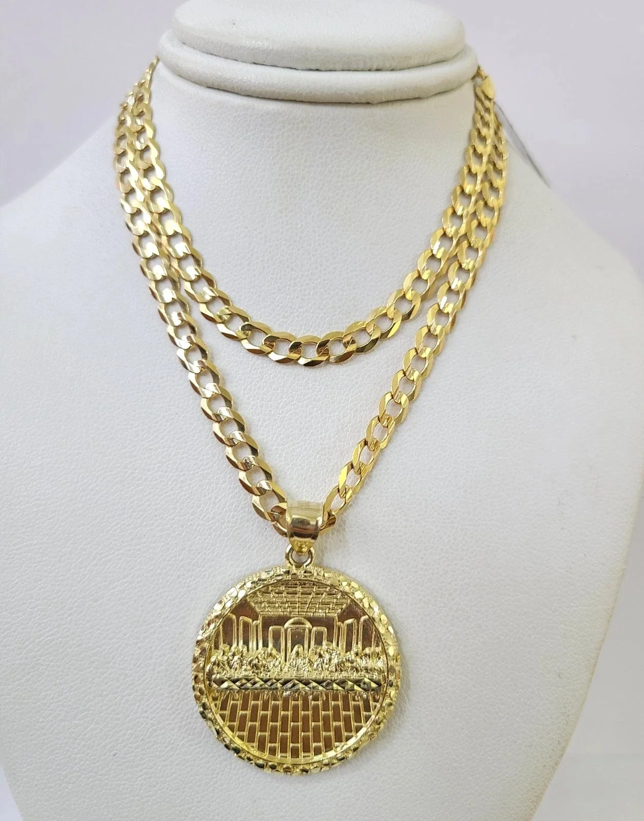10k Gold Last Supper Nugget Pendant Cuban Curb Link Chain 5mm 18"-28" Inch SET - Image 5