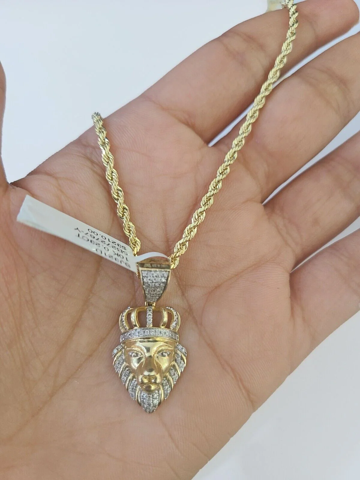 10k Gold Lion Head Diamond Charm and 2.5mm 18 Inches Rope Chain - Image 3