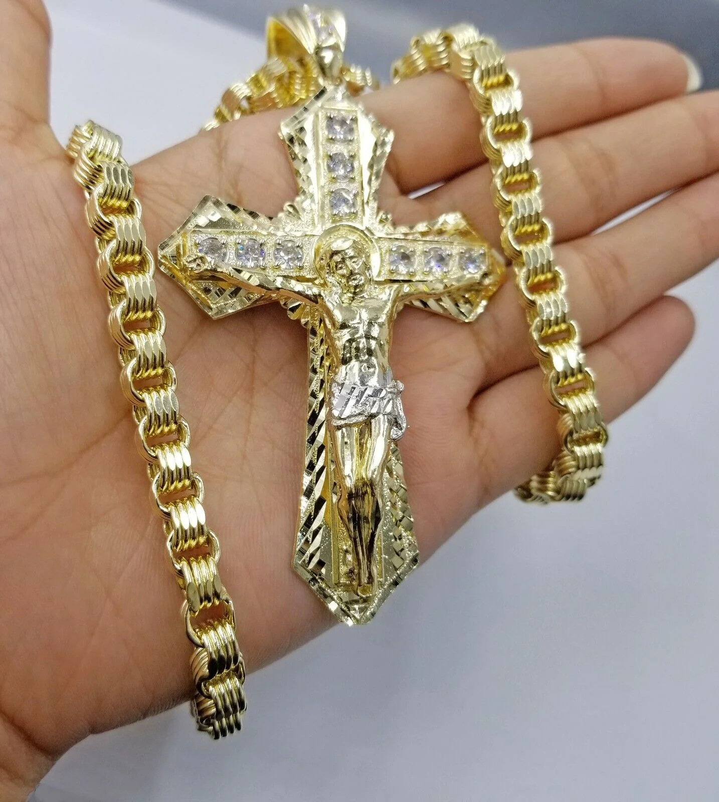 10k Gold Mens Byzantine Box Necklace 8mm 26" AND Cross - Image 3
