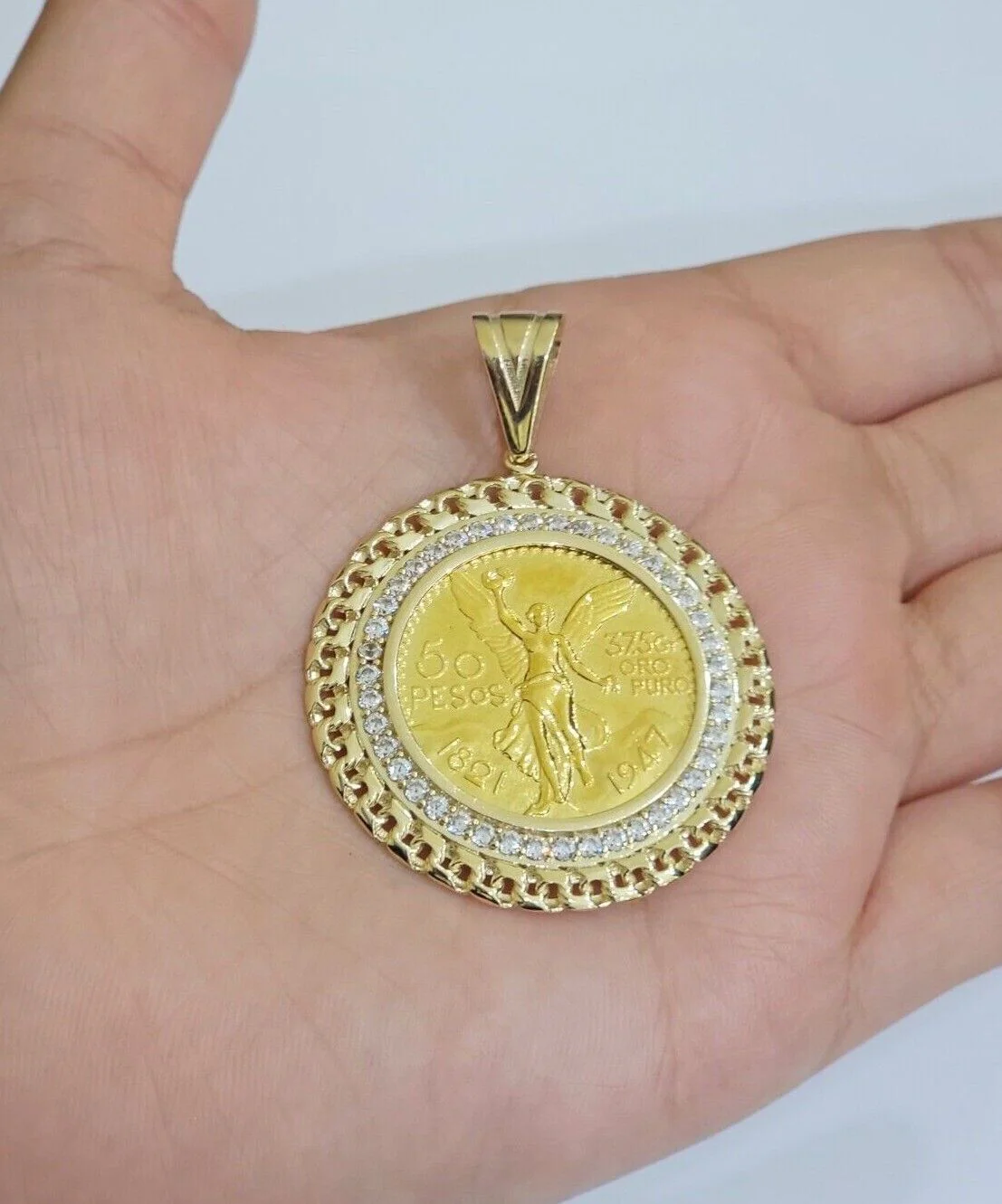 10k Gold Mexican Centenario Copy Coin Charm 50 Pesos Bezel 10kt Pendant Replica - Image 8