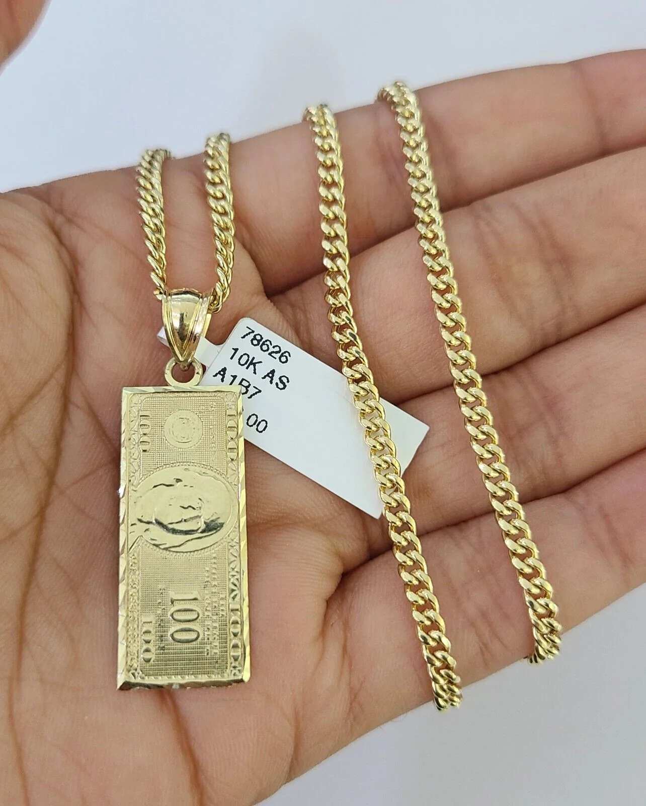 10K Gold Miami Cuban Chain 100 Dollar Bill 18"-28" 3mm REAL Pendant Necklace SET - Image 4