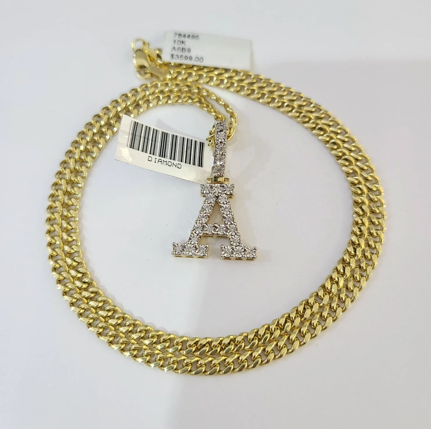 10K Gold Miami Cuban Chain A Diamond Initial 20"-28" 3mm Pendant Necklace SET - Image 3