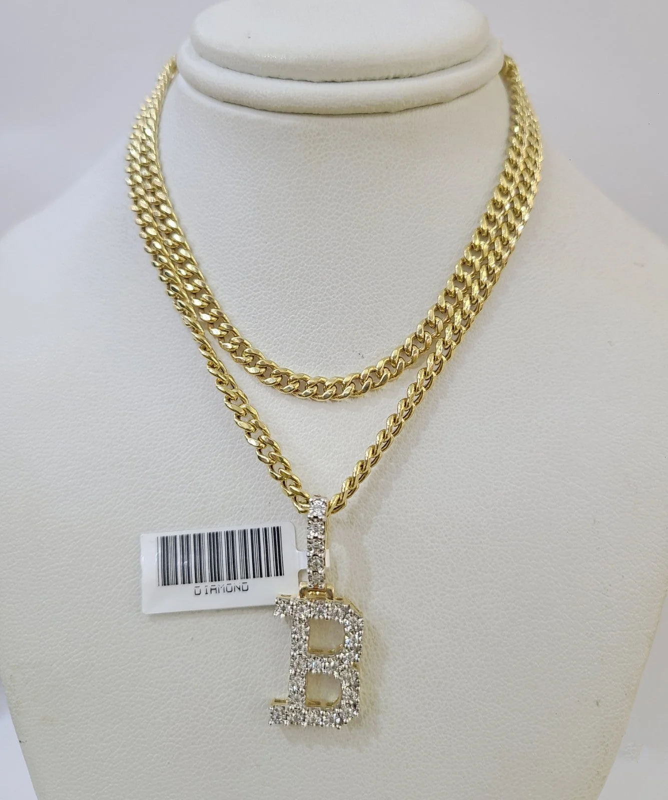 10K Gold Miami Cuban Chain B Diamond Initial 18"-24" 2mm Pendant Necklace SET - Image 3
