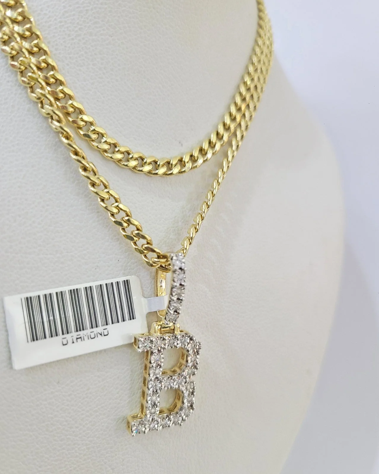10K Gold Miami Cuban Chain B Diamond Initial 18"-24" 2mm Pendant Necklace SET - Image 6