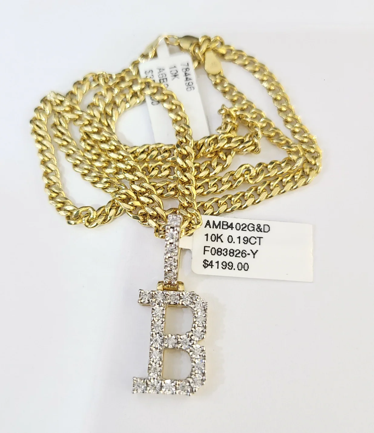 10K Gold Miami Cuban Chain B Diamond Initial 20"-28" 3mm Pendant Necklace SET - Image 3