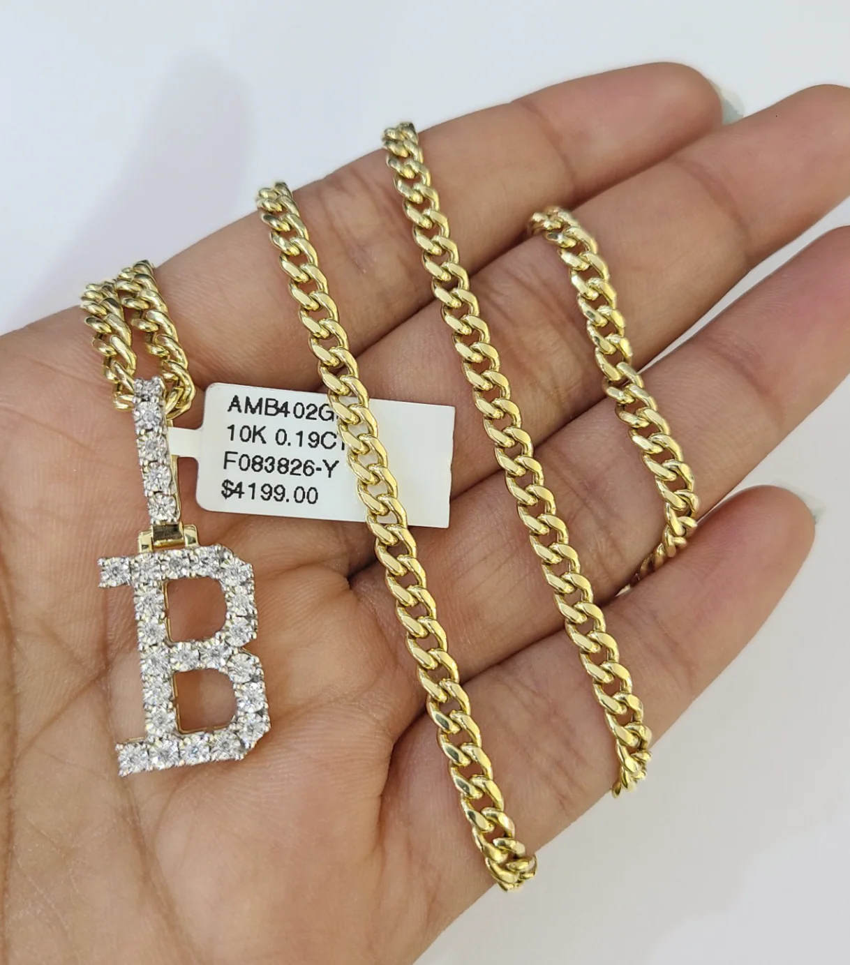10K Gold Miami Cuban Chain B Diamond Initial 20"-28" 3mm Pendant Necklace SET - Image 4
