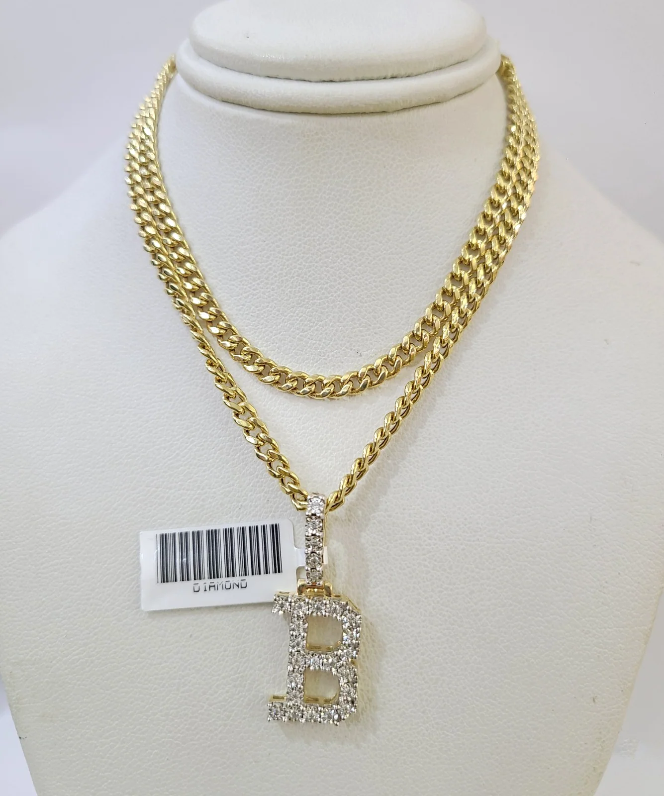 10K Gold Miami Cuban Chain B Diamond Initial 20"-28" 3mm Pendant Necklace SET - Image 5