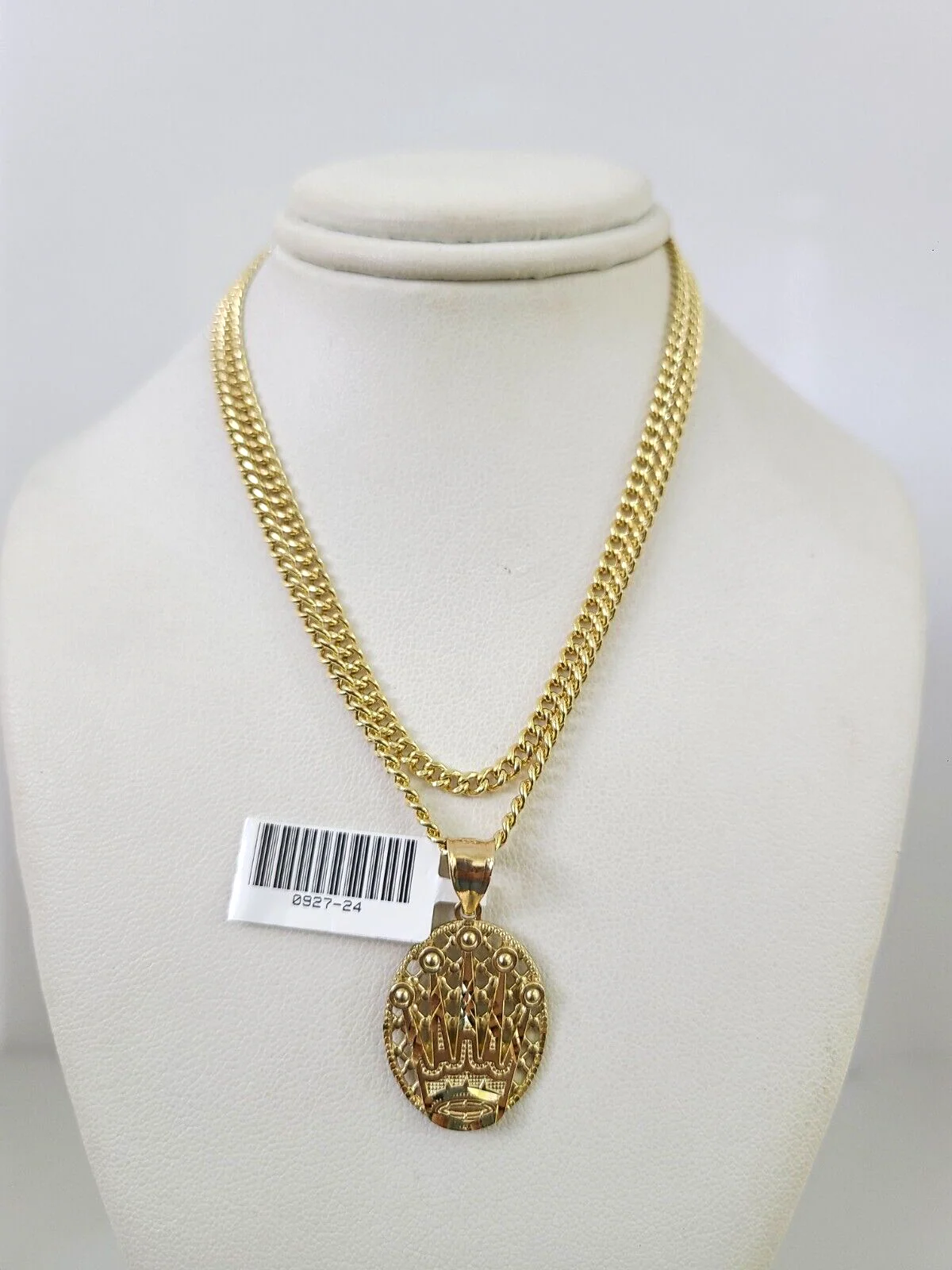 10k Gold Miami Cuban Chain Crown Charm Pendant 3mm 18-28in Necklace Set