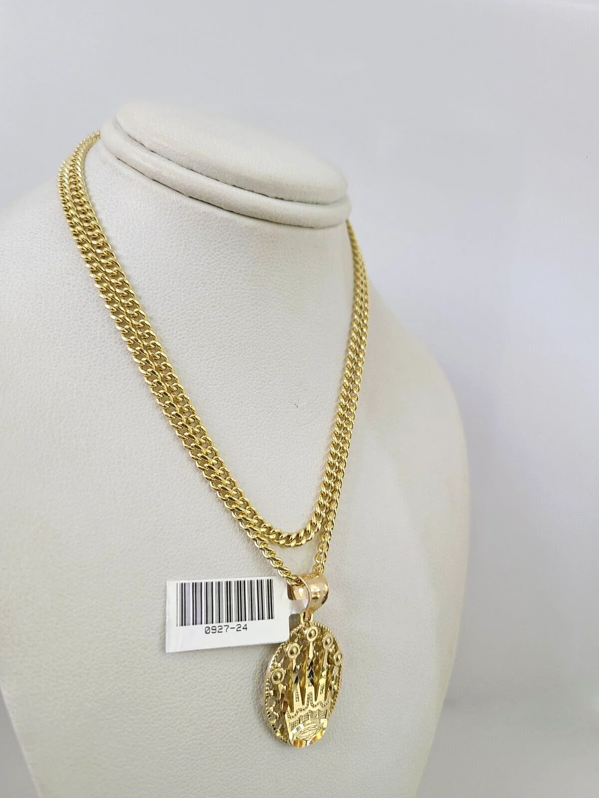 10k Gold Miami Cuban Chain Crown Charm Pendant 3mm 18-28in Necklace Set - Image 3