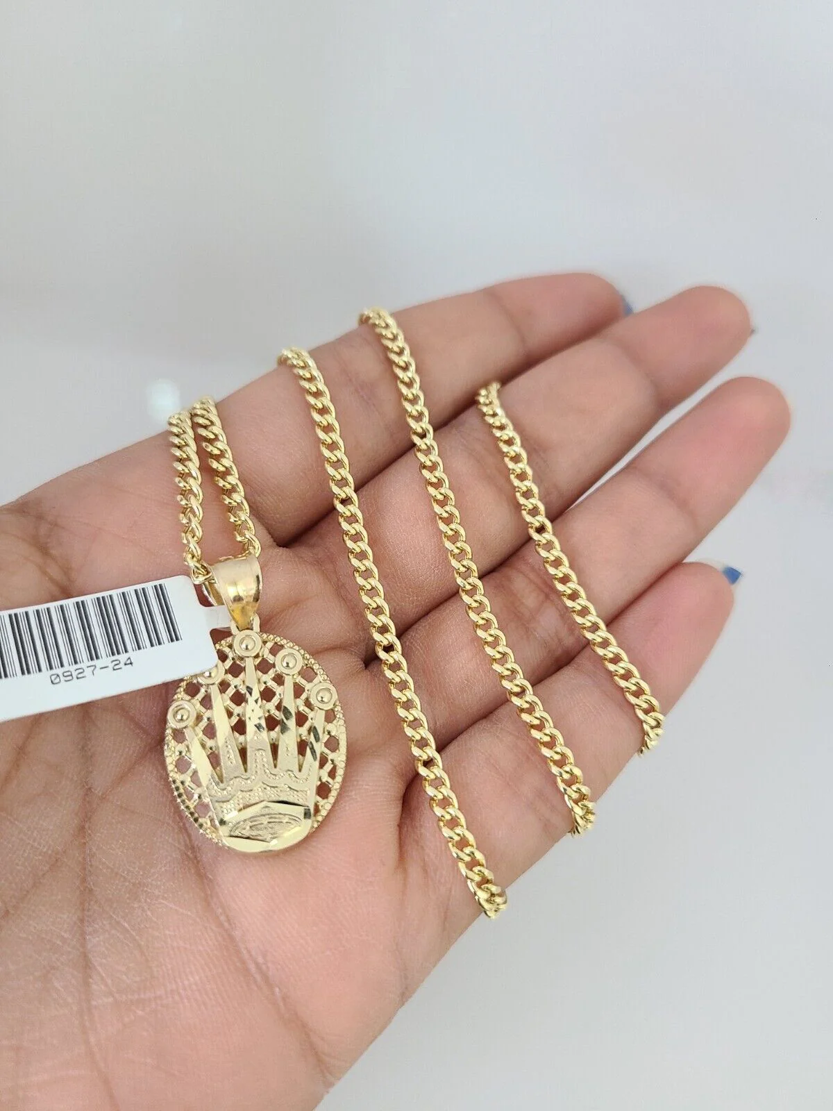 10k Gold Miami Cuban Chain Crown Charm Pendant 3mm 18-28in Necklace Set - Image 5