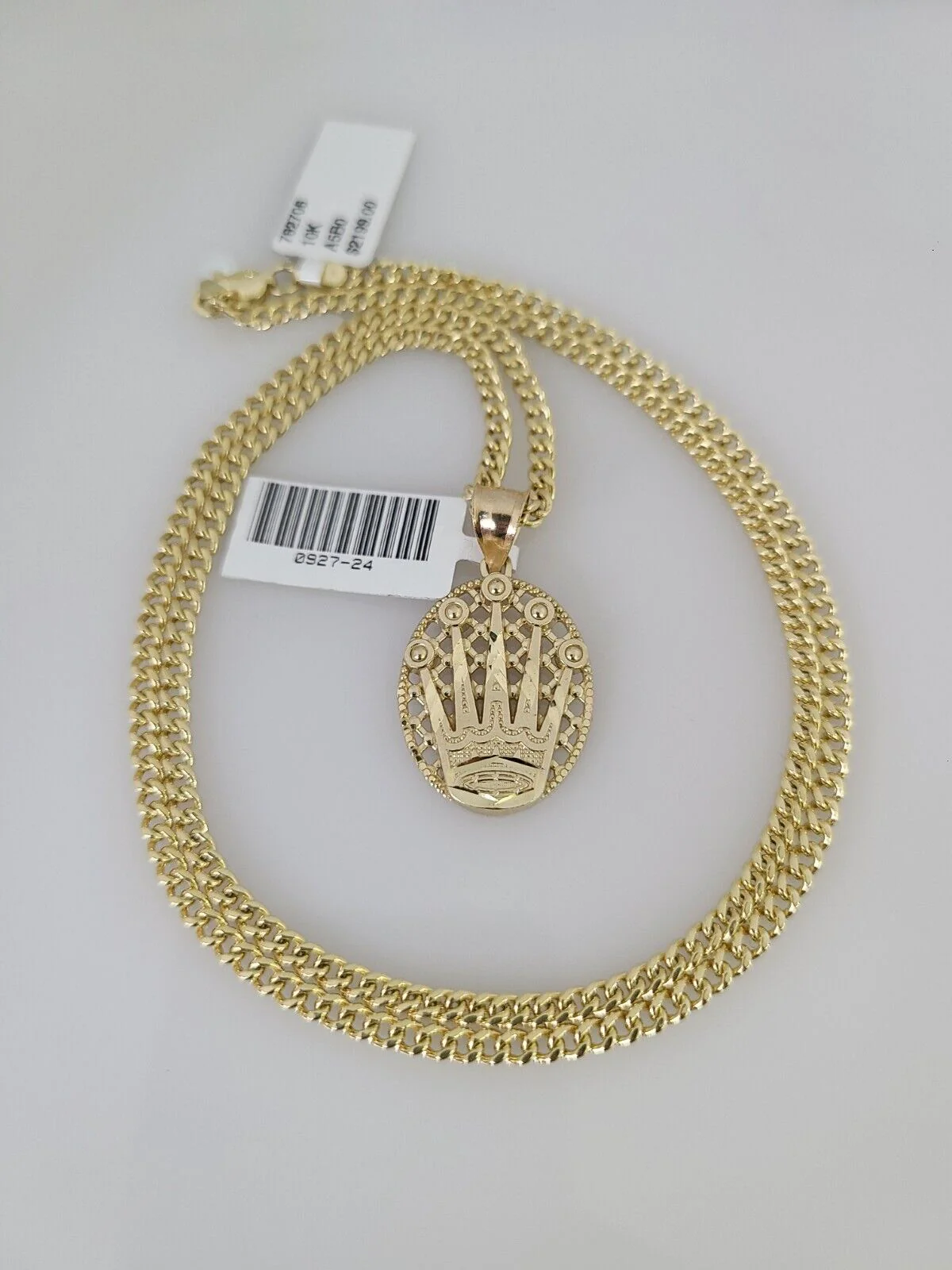 10k Gold Miami Cuban Chain Crown Charm Pendant 3mm 18-28in Necklace Set - Image 6