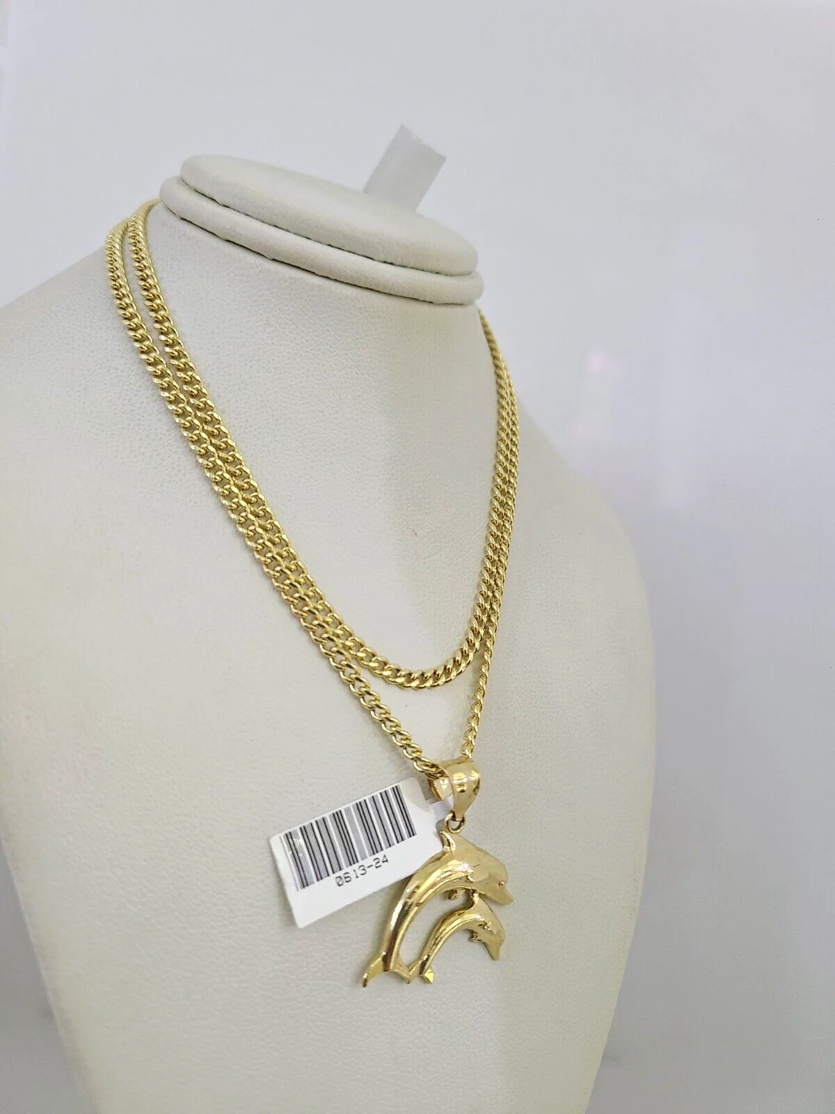 10k Gold Miami Cuban Chain Dolphins Charm Pendant 3mm 18-28in Necklace Set - Image 3