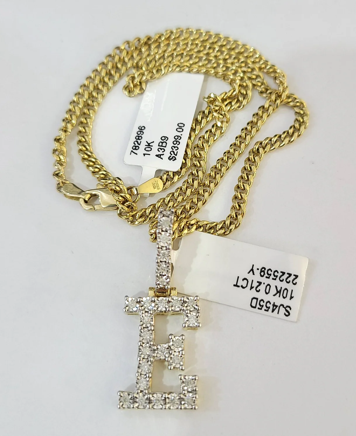 10K Gold Miami Cuban Chain E Diamond Initial 18"-24" 2mm Pendant Necklace SET - Image 3