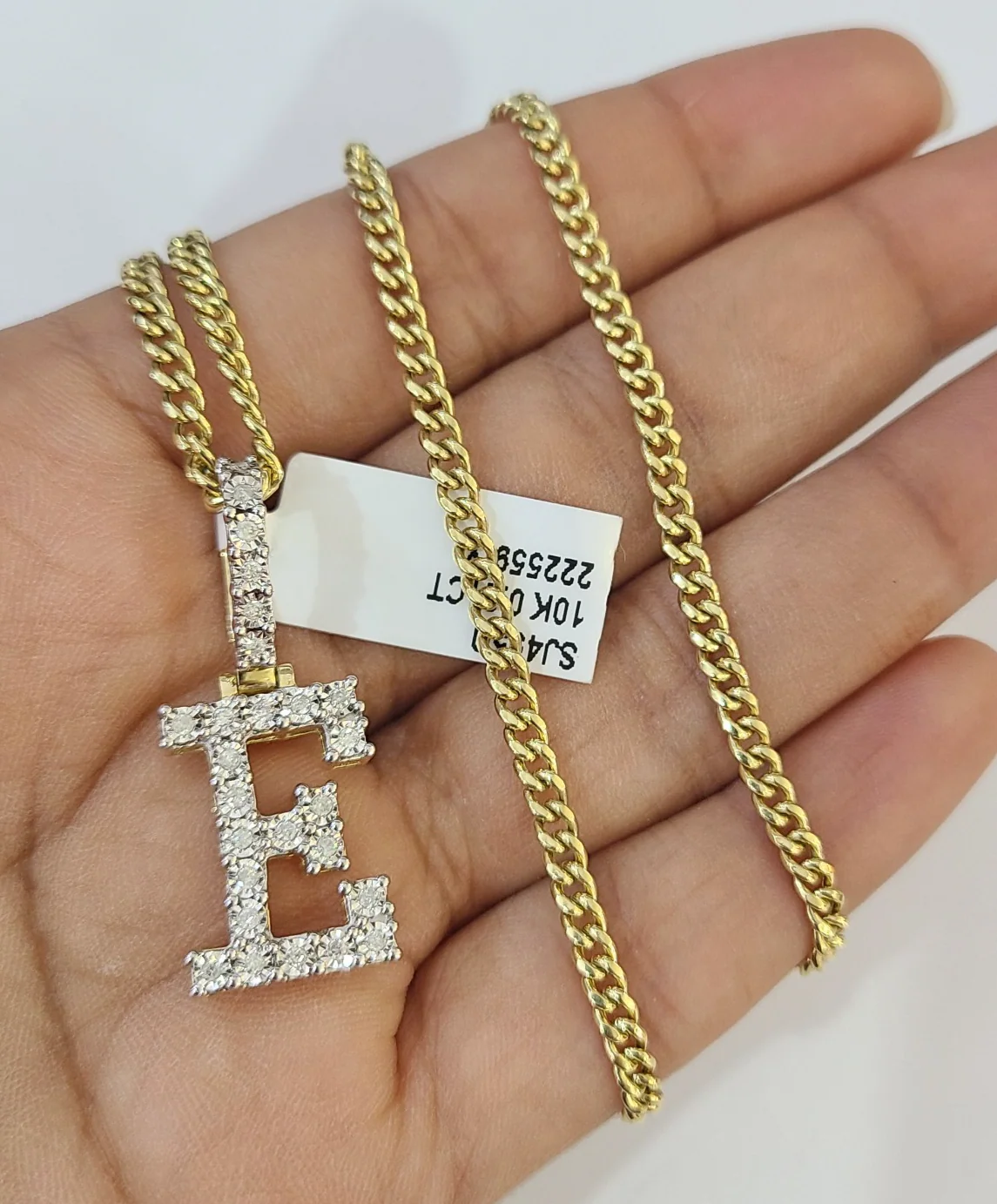 10K Gold Miami Cuban Chain E Diamond Initial 18"-24" 2mm Pendant Necklace SET - Image 4