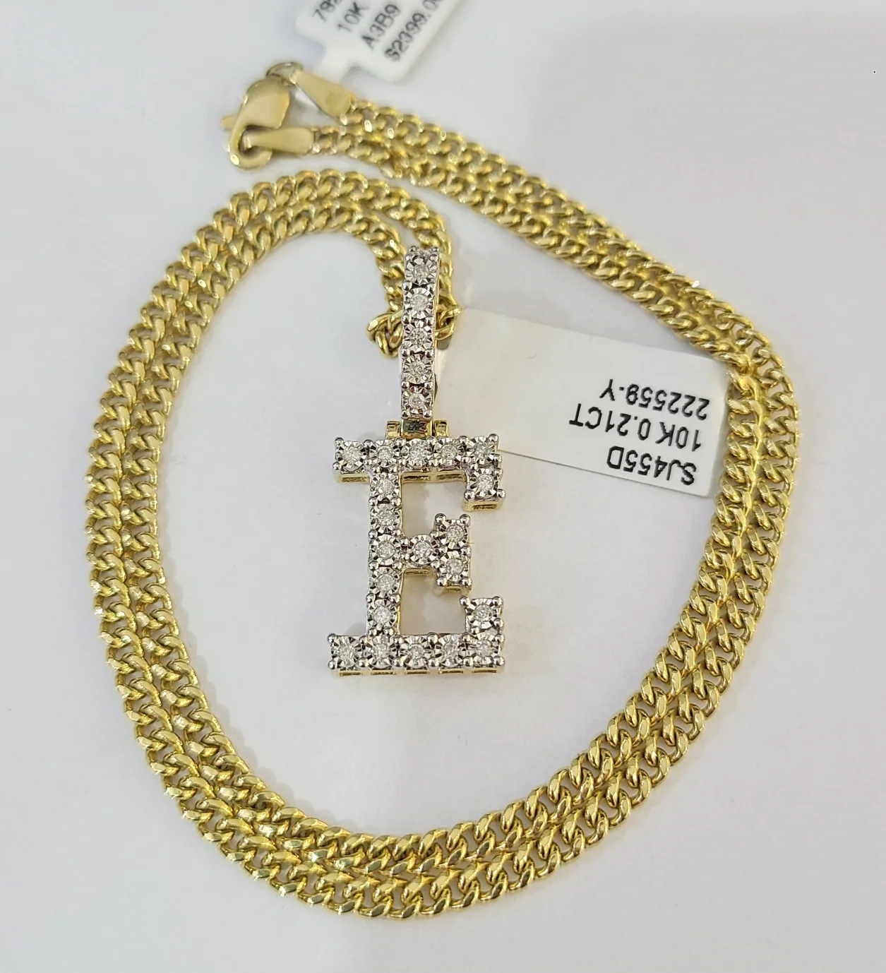 10K Gold Miami Cuban Chain E Diamond Initial 18"-24" 2mm Pendant Necklace SET - Image 5