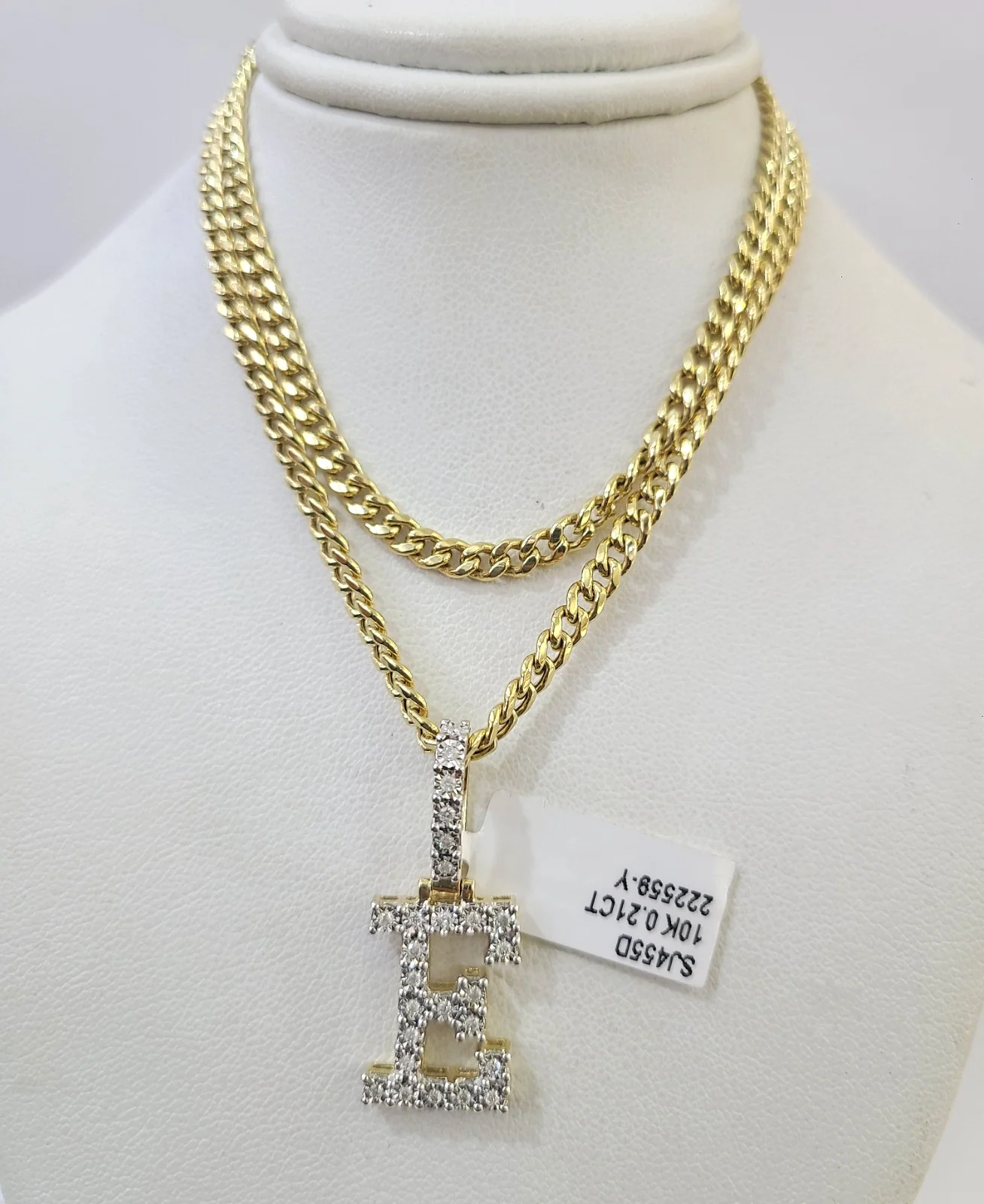 10K Gold Miami Cuban Chain E Diamond Initial 20"-28" 3mm Pendant Necklace SET - Image 3