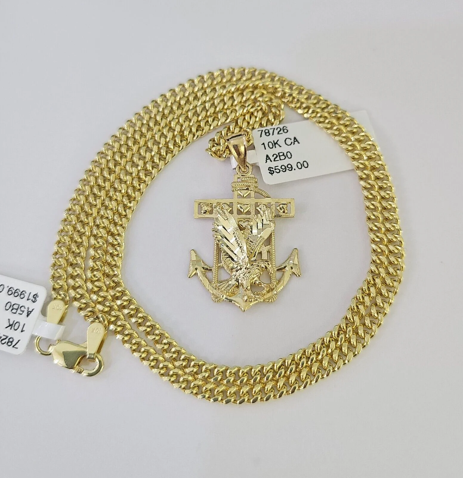 10K Gold Miami Cuban Chain Eagle Anchor Charm 18"-28" 3mm REAL Pendant Necklace - Image 3