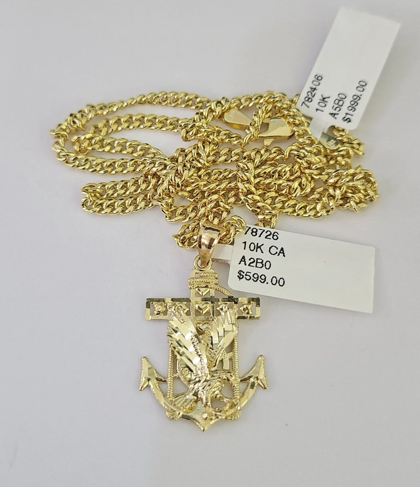 10K Gold Miami Cuban Chain Eagle Anchor Charm 18"-28" 3mm REAL Pendant Necklace - Image 4