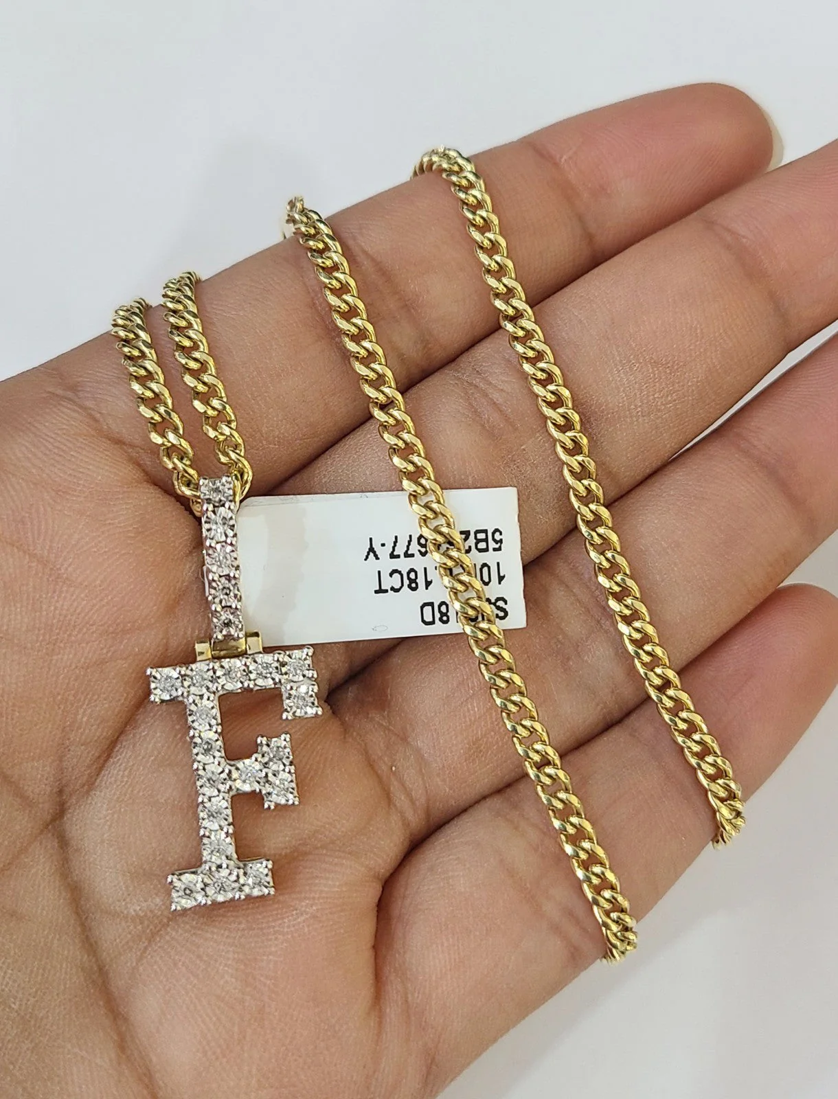 10K Gold Miami Cuban Chain F Diamond Initial 18"-24" 2mm Pendant Necklace SET - Image 4