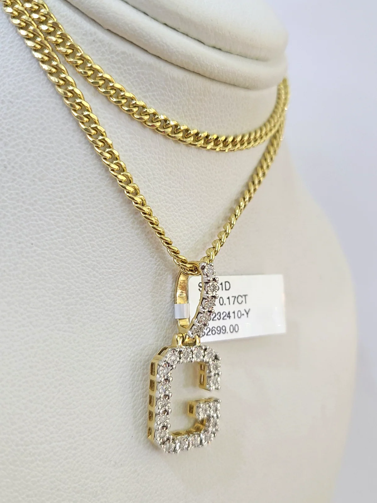10K Gold Miami Cuban Chain G Diamond Initial 18"-24" 2mm Pendant Necklace SET - Image 3