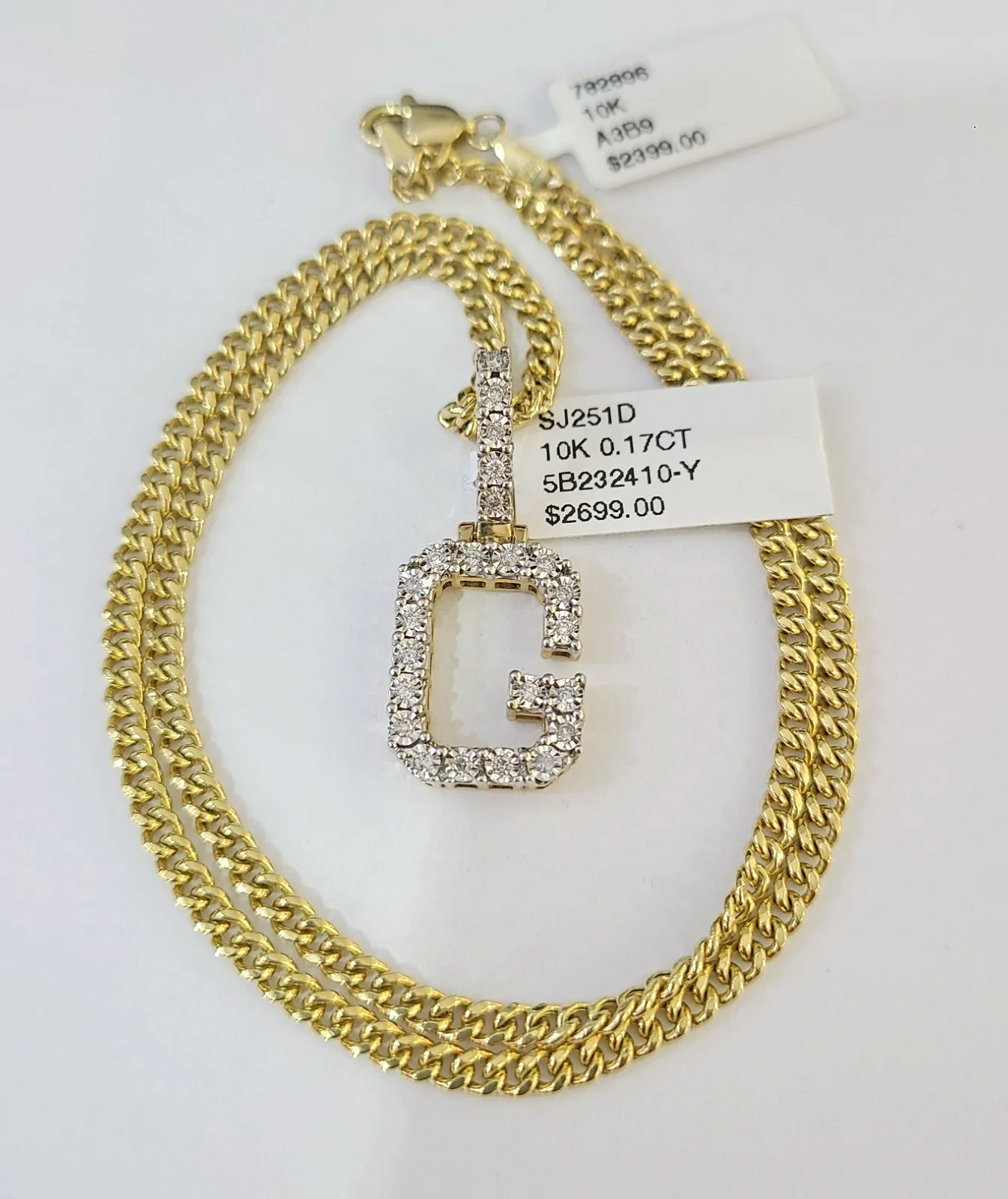 10K Gold Miami Cuban Chain G Diamond Initial 18"-24" 2mm Pendant Necklace SET - Image 6