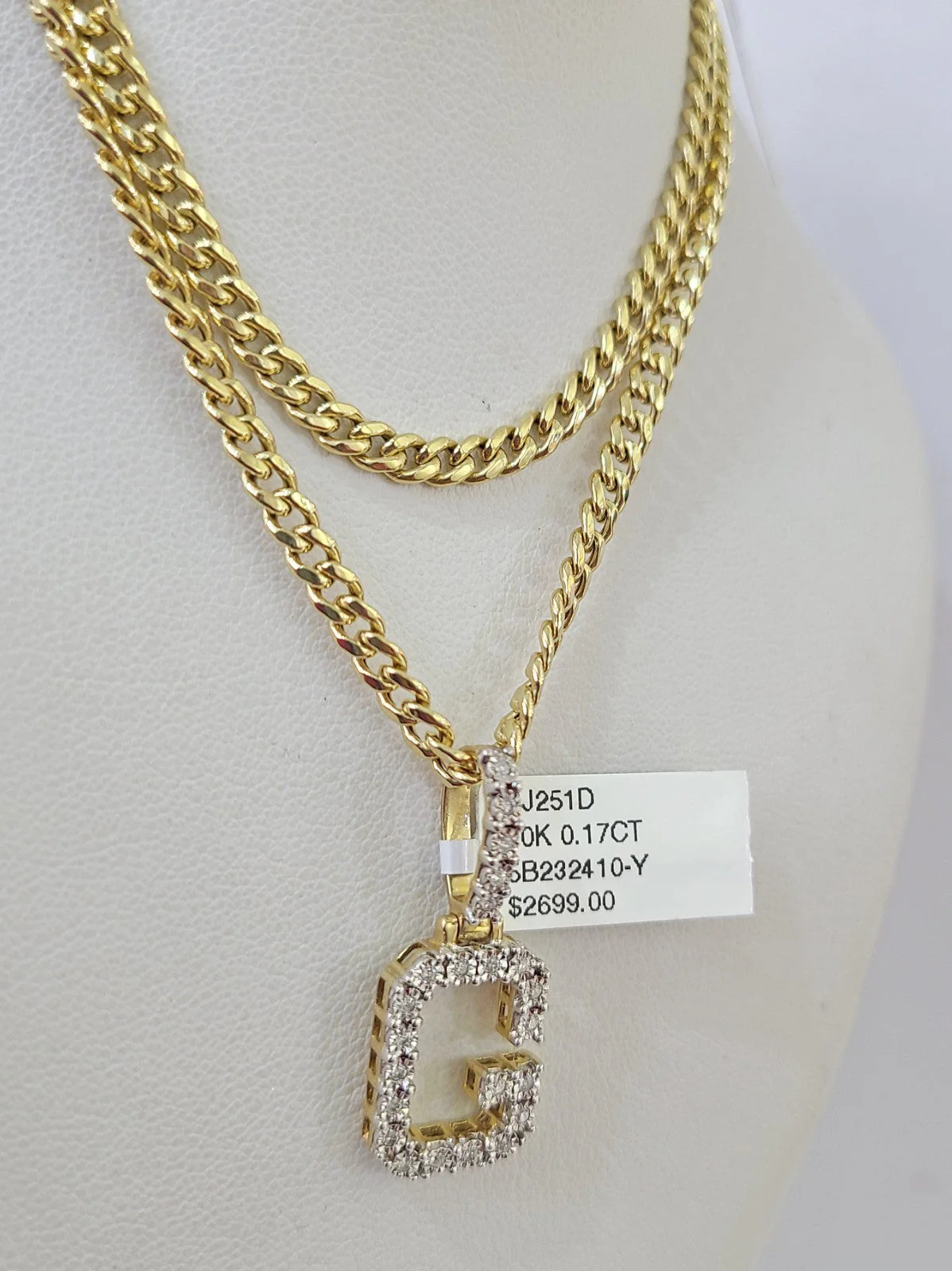 10K Gold Miami Cuban Chain G Diamond Initial 20"-28" 3mm Pendant Necklace SET - Image 3