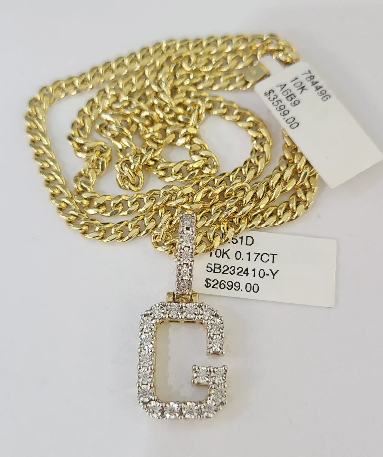 10K Gold Miami Cuban Chain G Diamond Initial 20"-28" 3mm Pendant Necklace SET - Image 4