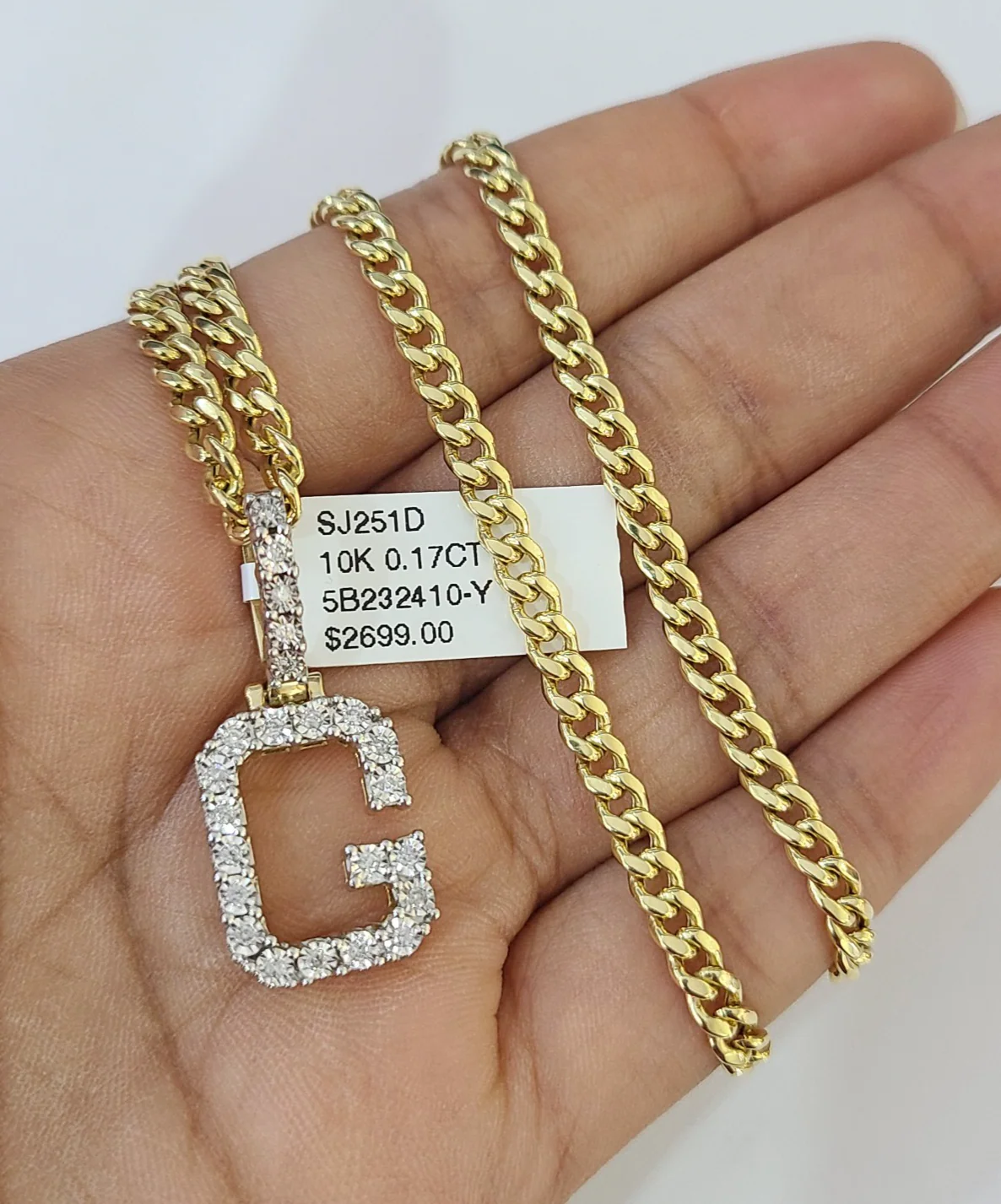 10K Gold Miami Cuban Chain G Diamond Initial 20"-28" 3mm Pendant Necklace SET - Image 5