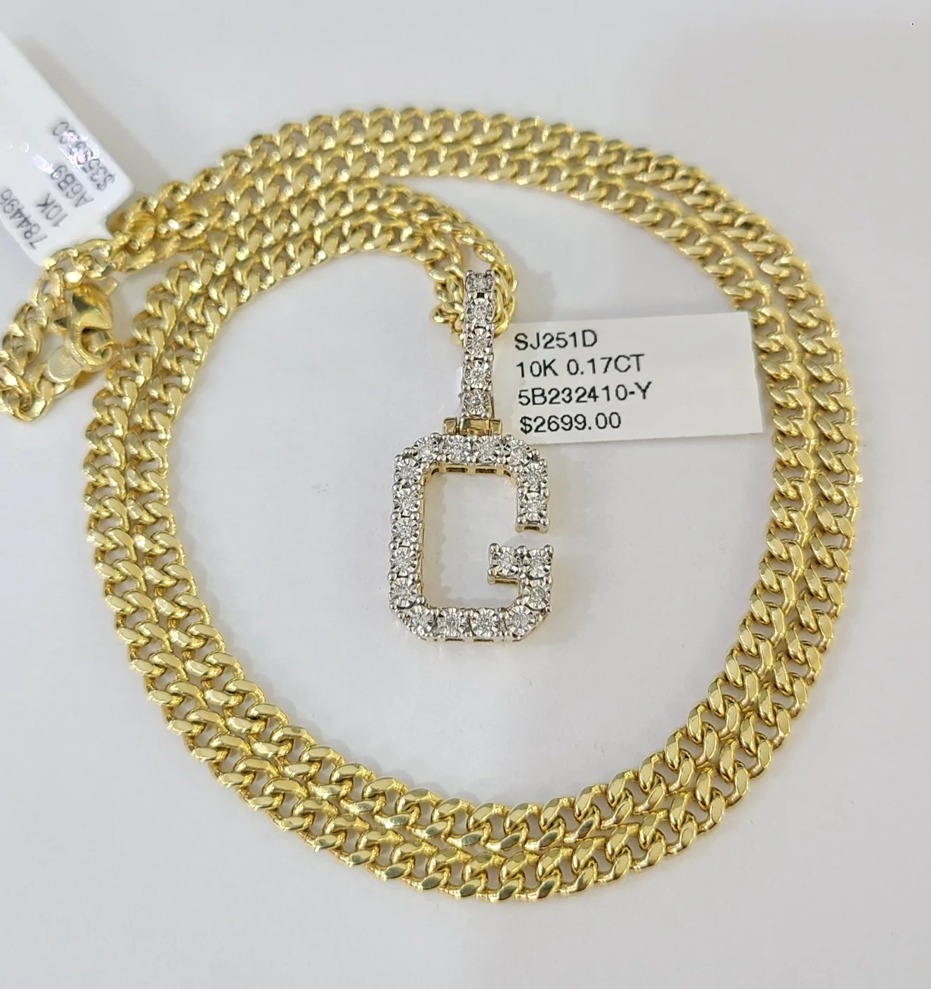 10K Gold Miami Cuban Chain G Diamond Initial 20"-28" 3mm Pendant Necklace SET - Image 6