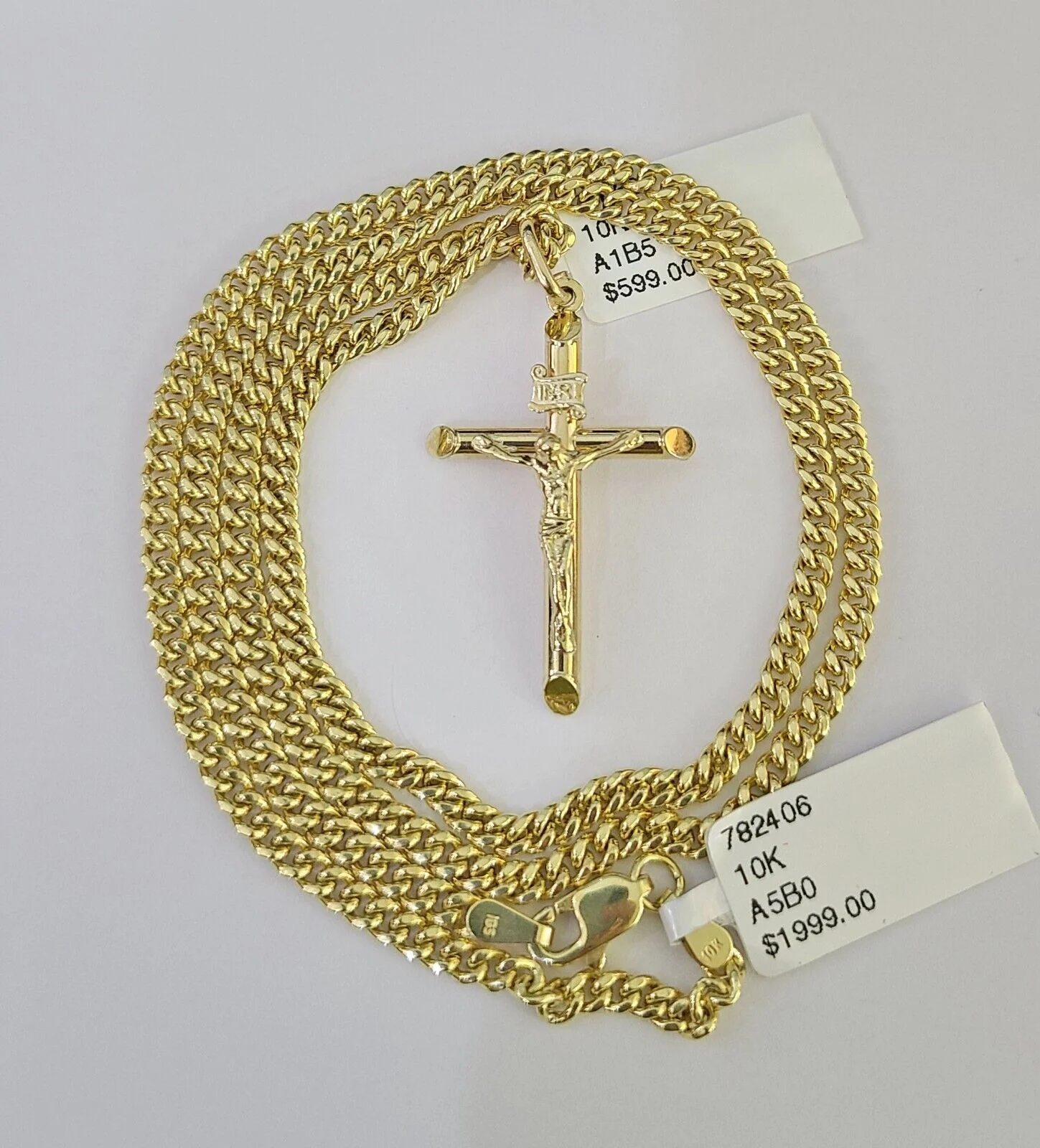 10K Gold Miami Cuban Chain INRI Jesus Cross 18"-28" 3mm Pendant Necklace SET - Image 3