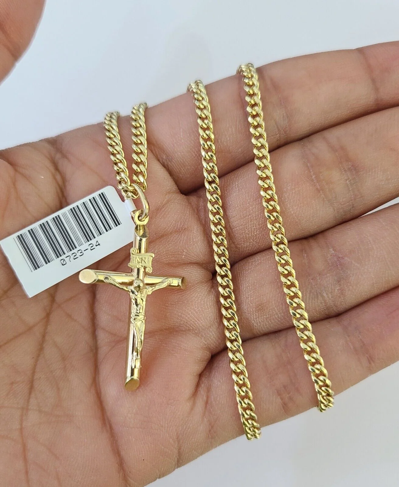 10K Gold Miami Cuban Chain INRI Jesus Cross 18"-28" 3mm Pendant Necklace SET - Image 4