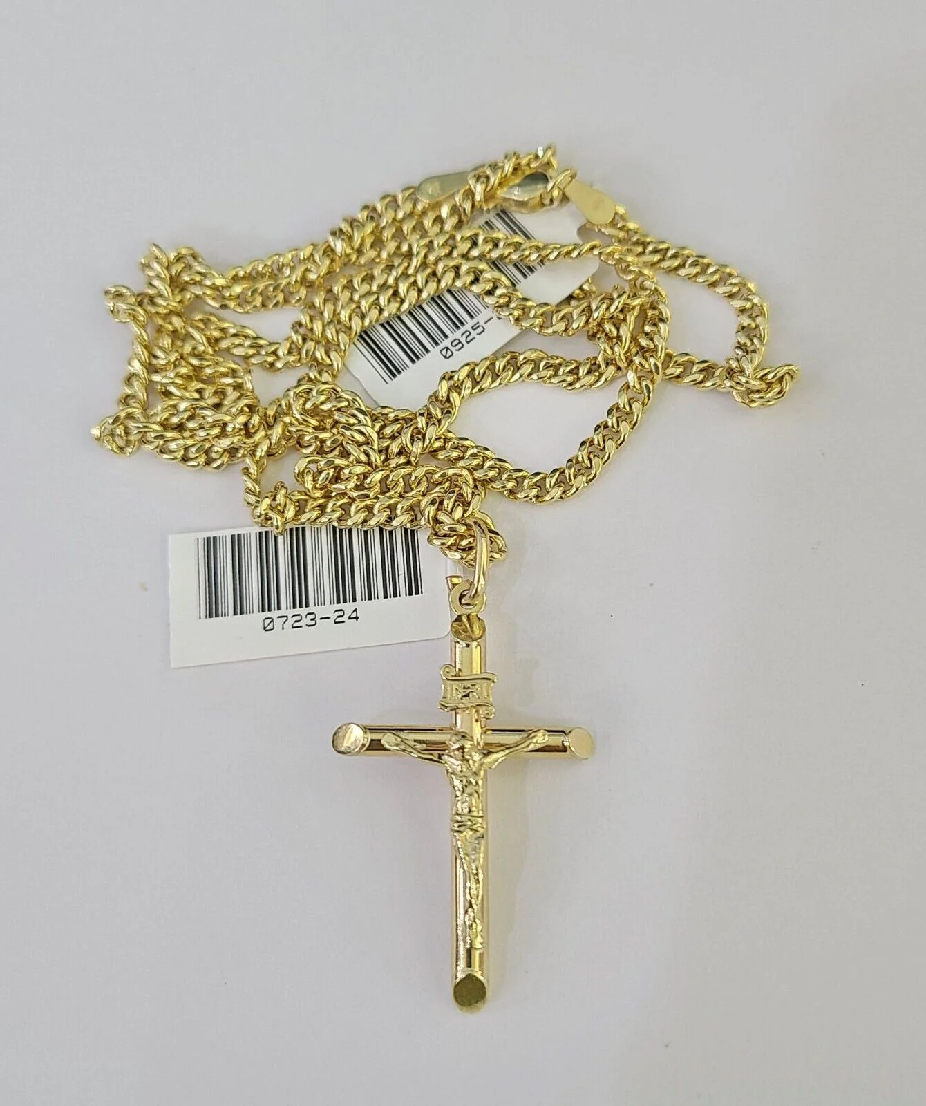 10K Gold Miami Cuban Chain INRI Jesus Cross 18"-28" 3mm Pendant Necklace SET - Image 5