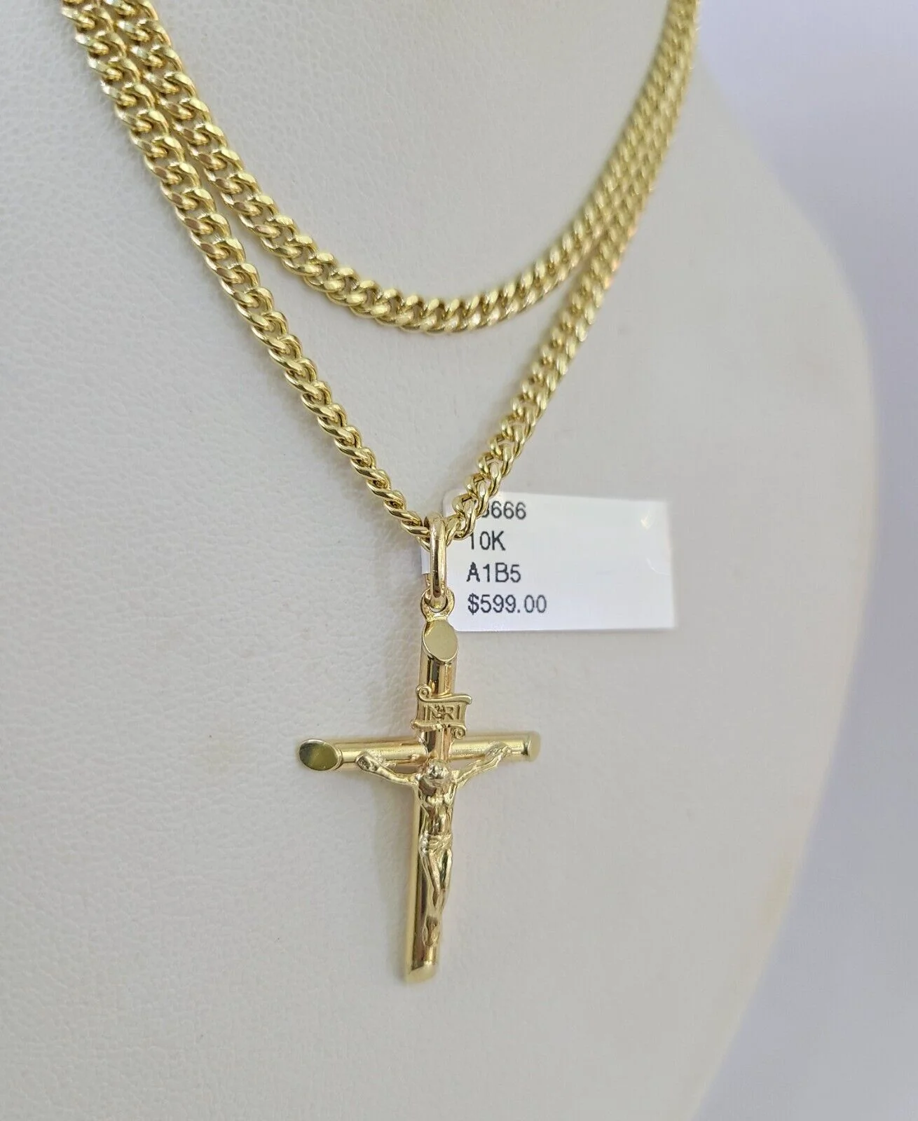 10K Gold Miami Cuban Chain INRI Jesus Cross 18"-28" 3mm Pendant Necklace SET - Image 6