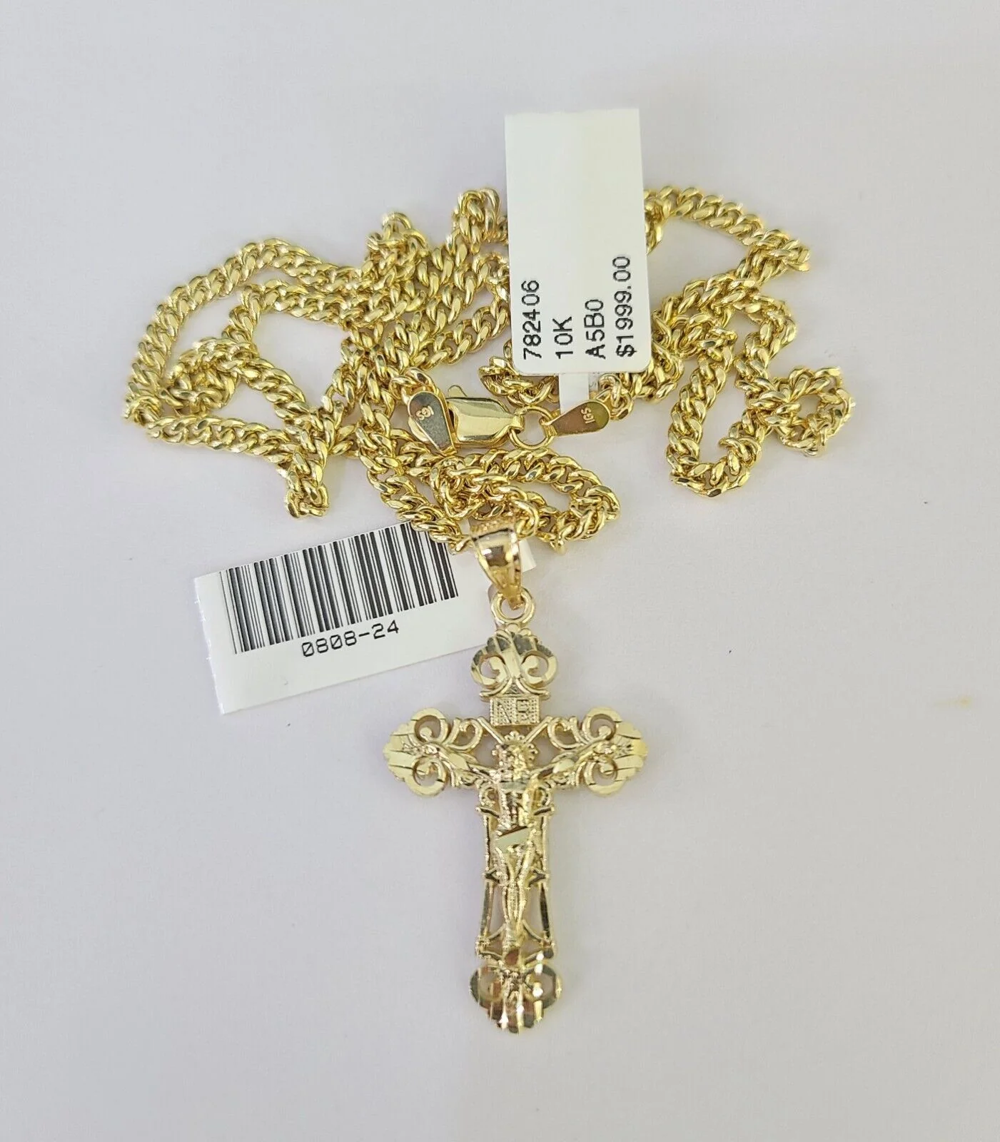 10K Gold Miami Cuban Chain INRI Jesus Cross 18"-28" 3mm Pendant Necklace SET - Image 5