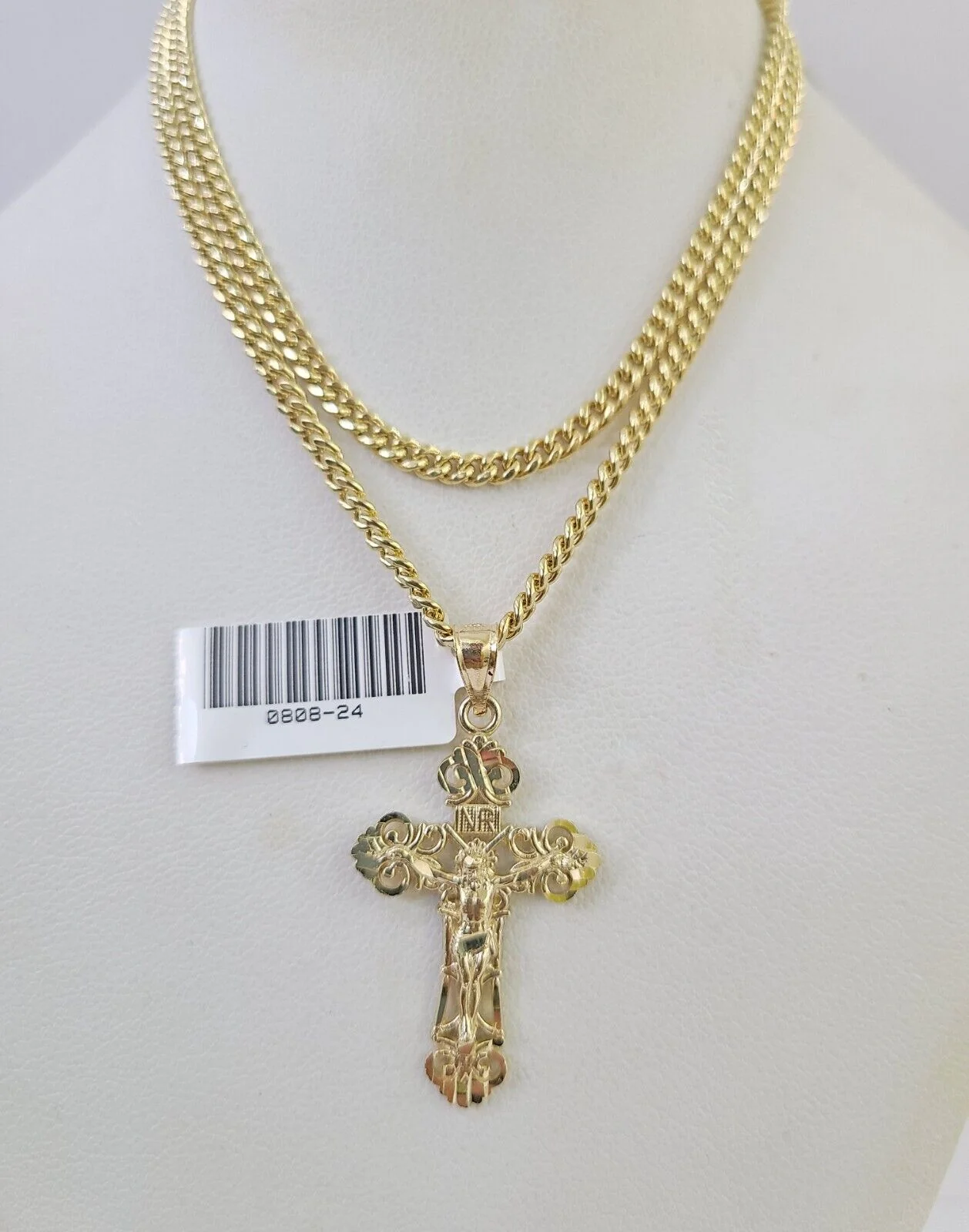 10K Gold Miami Cuban Chain INRI Jesus Cross 18"-28" 3mm Pendant Necklace SET - Image 6